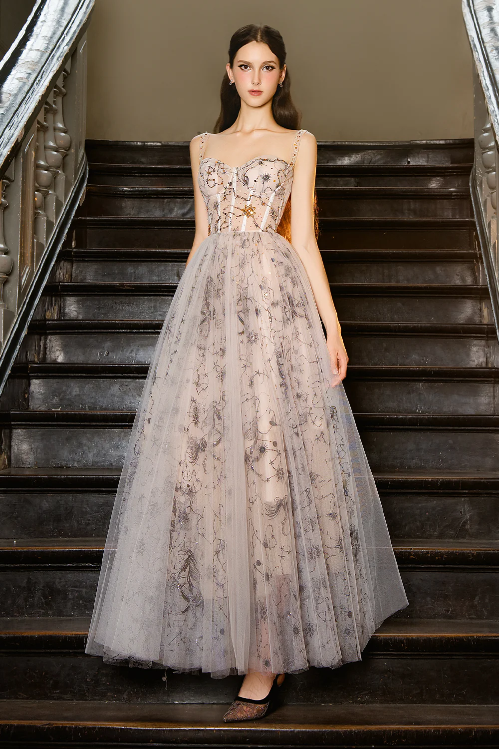 Liano A-line Embroidered Mesh Maxi Dress