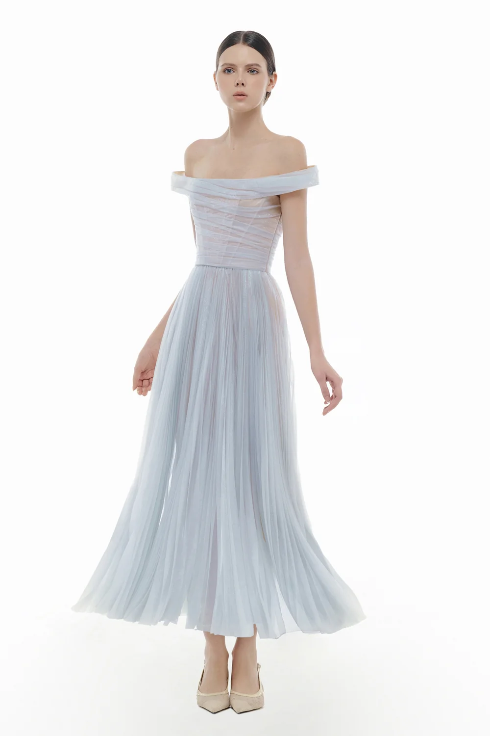 Evangeline Off-Shoulder Draped Midi Dress