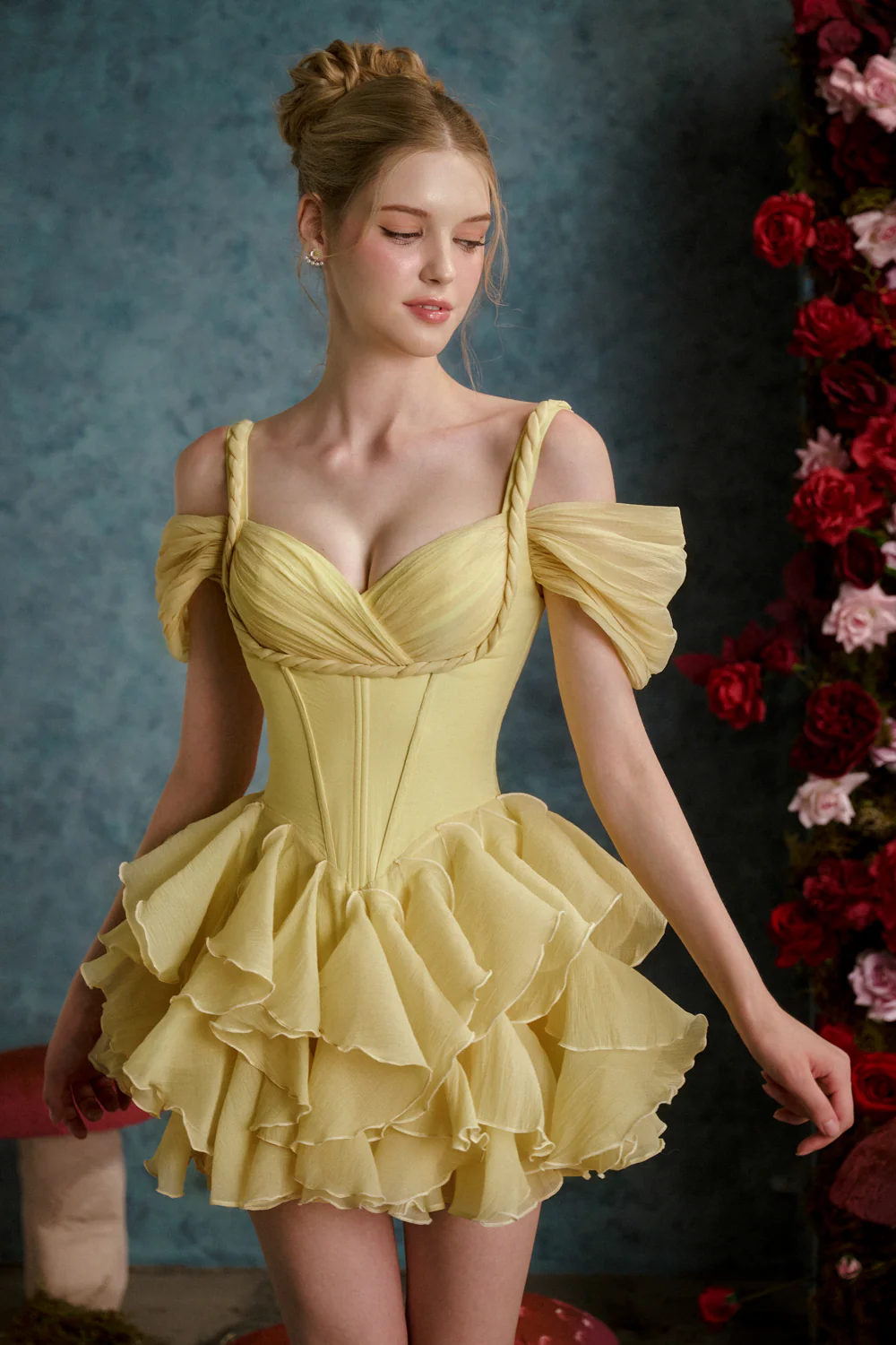 Young and Beautful A-line Cold Shoulder Sleeved Organza Mini Dress