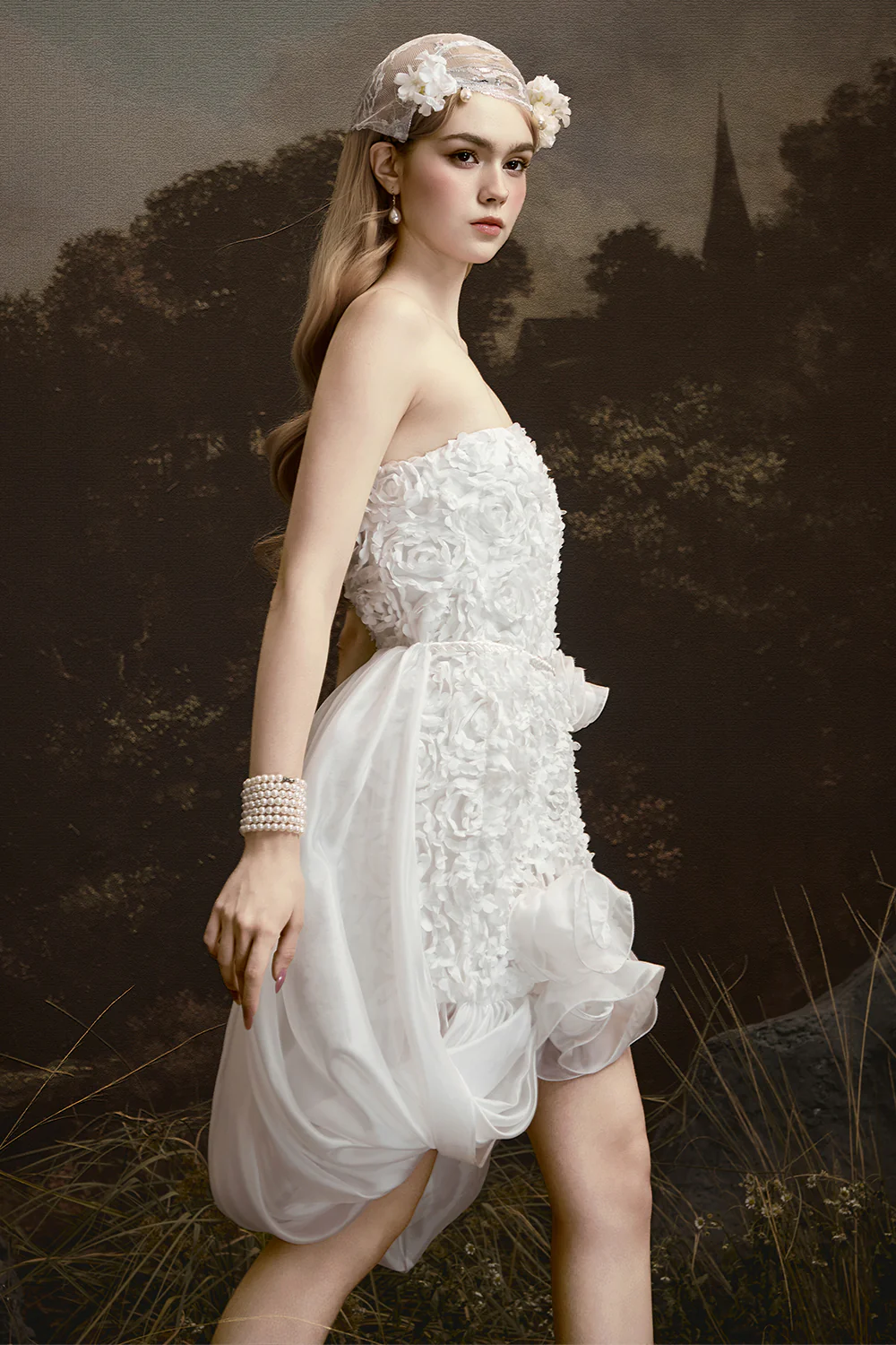 Cloudy Cape Sleeve Applique Mini Dress