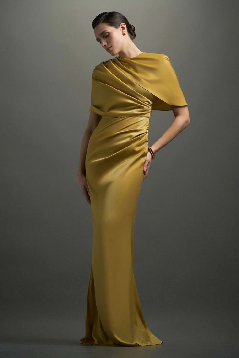 Maia Asymmetric Sleeve Draped Maxi Dress