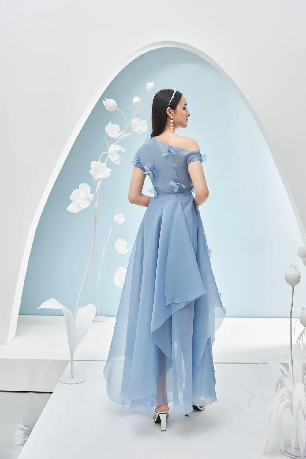 Rosalie Layered Asymmetric Shoulder Organza Maxi Dress