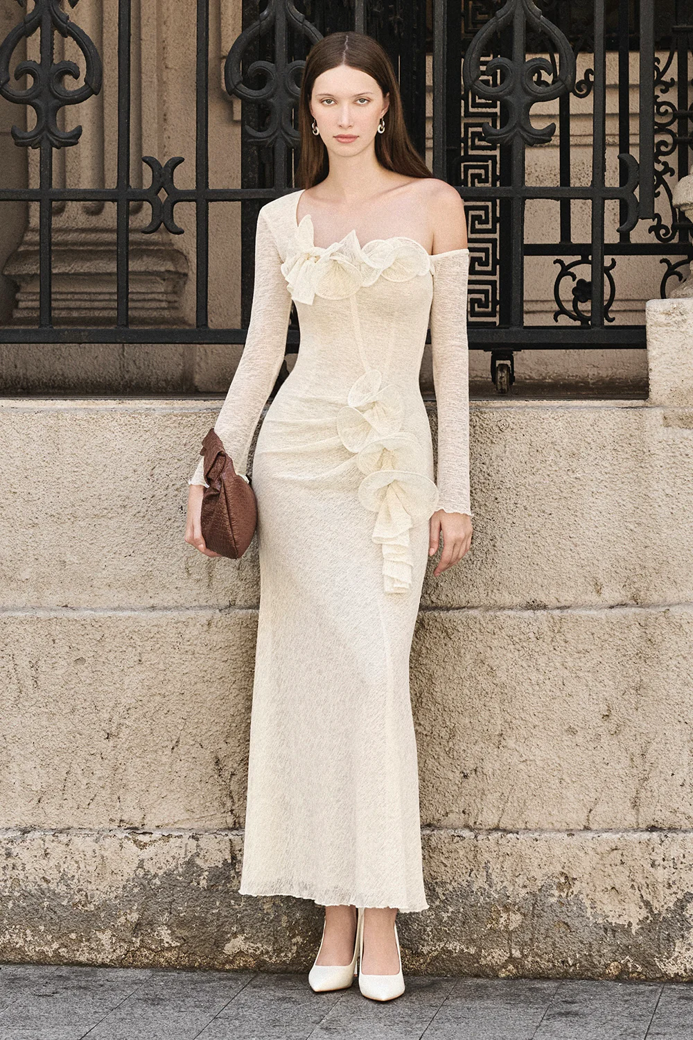 Bloom Asymmetric Sleeve Ruffe Maxi Dress