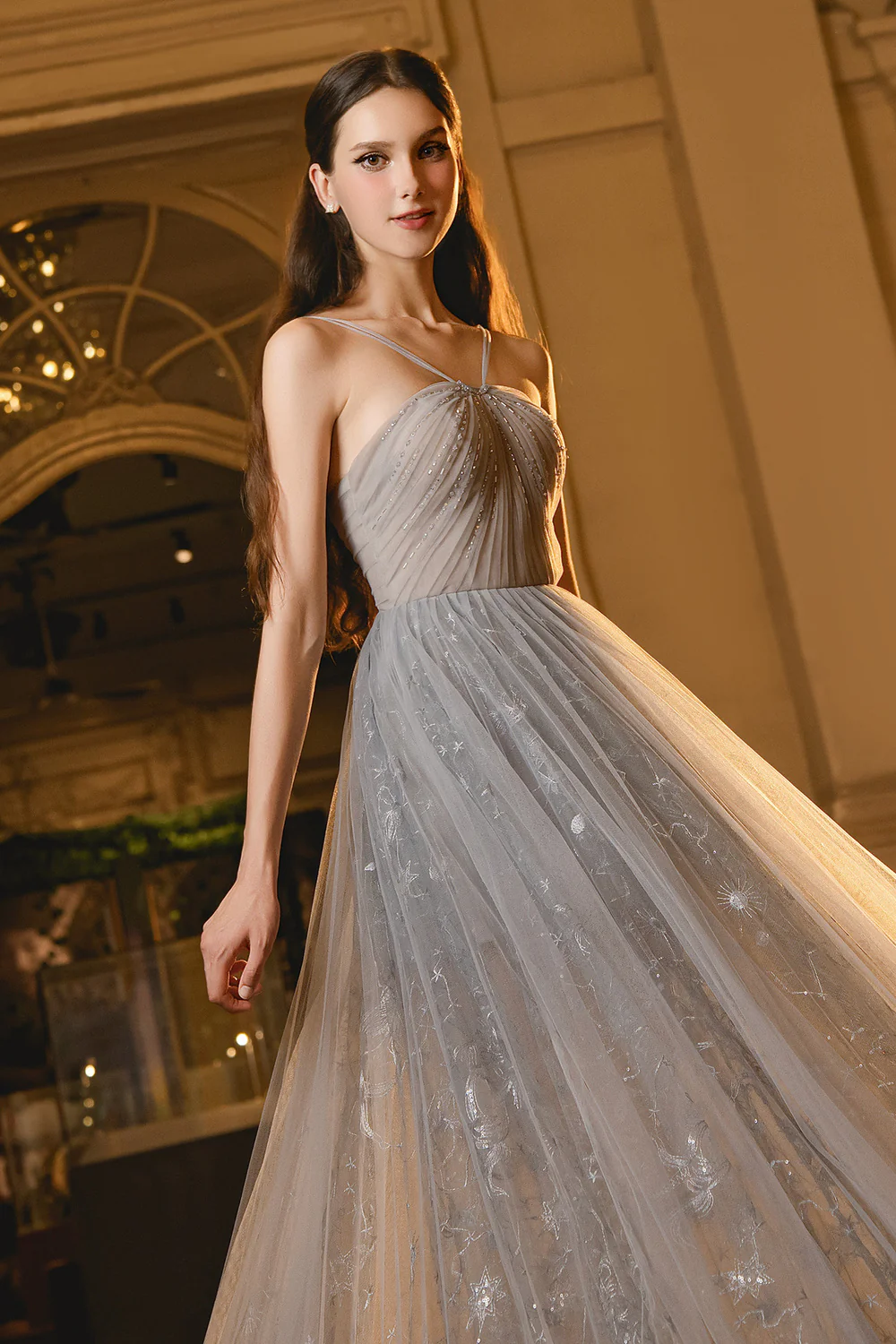 Lucas A-line V-Neck Mesh Maxi Dress