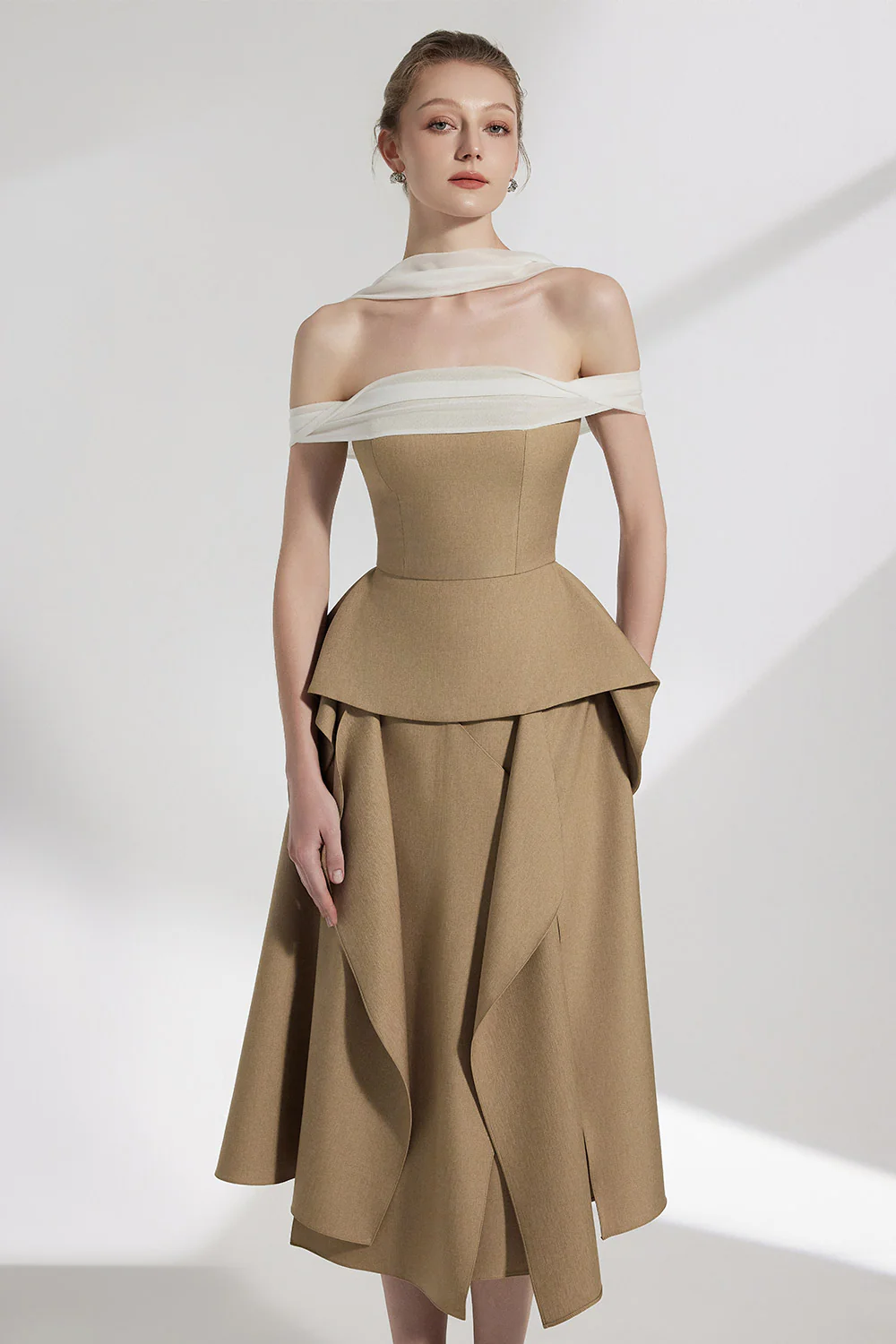 Elle Asymmetric Ruffle Layer Twill Silk Midi Skirt