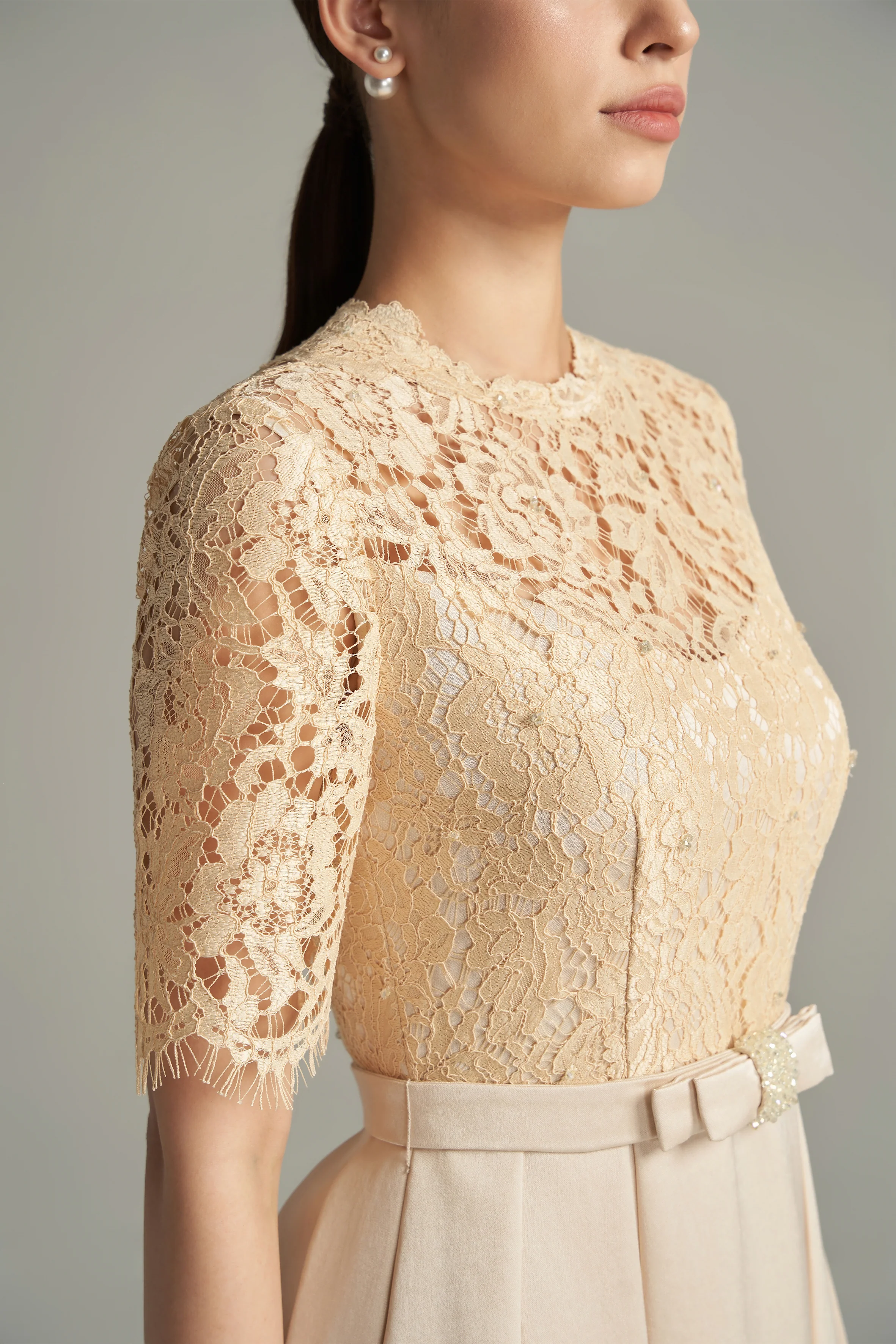 Lillian A-line Draped Lace Calf Length Dress