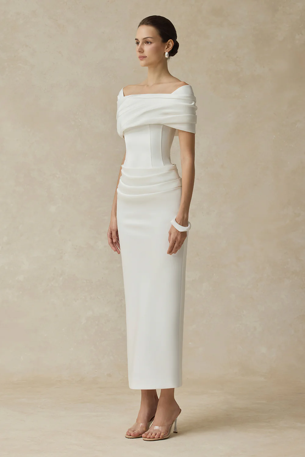 Solara Cold Shouder Sleeve Draped Midi Dress