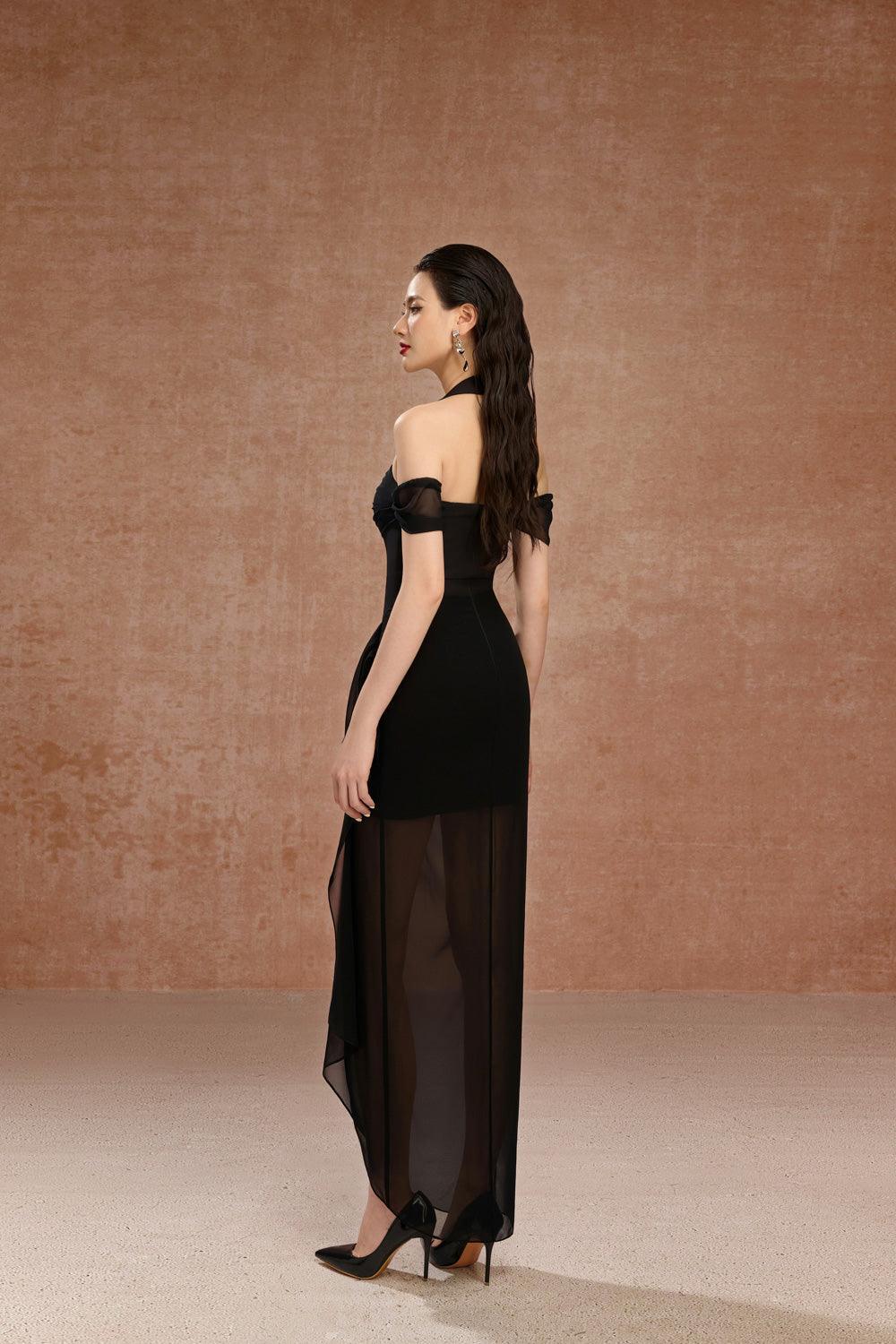 June Halter Cold Shoulder Sleeved Twill Ankle Length Dress