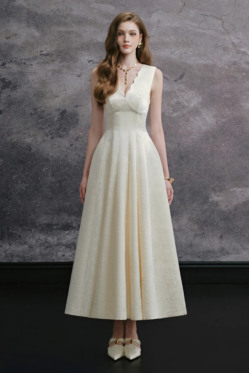 Ashe Scallop Ribbon Midi Dress