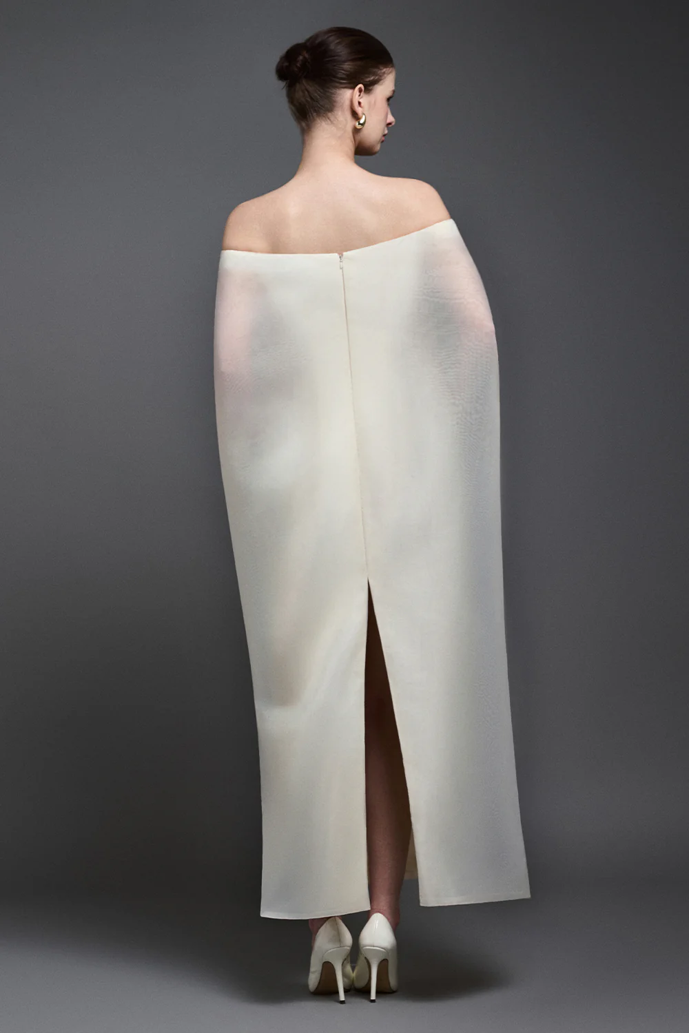 Solenne Straight Cape Sleeved Taffeta Maxi Dress