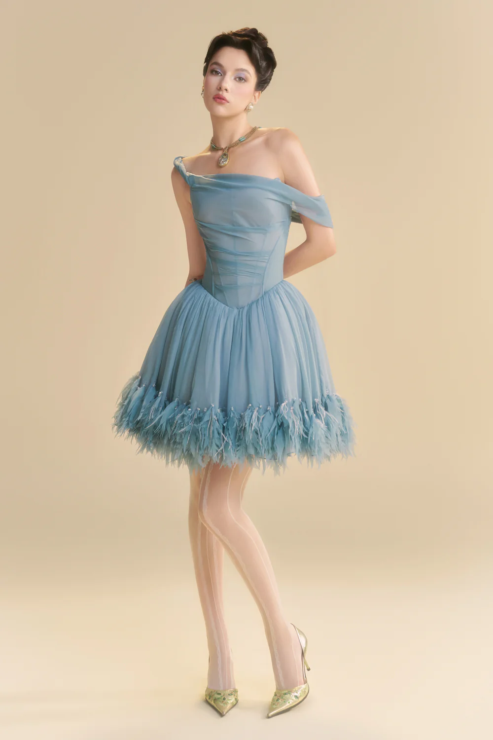 Nuvielle Asymmetric Neck Feather Mini Dress