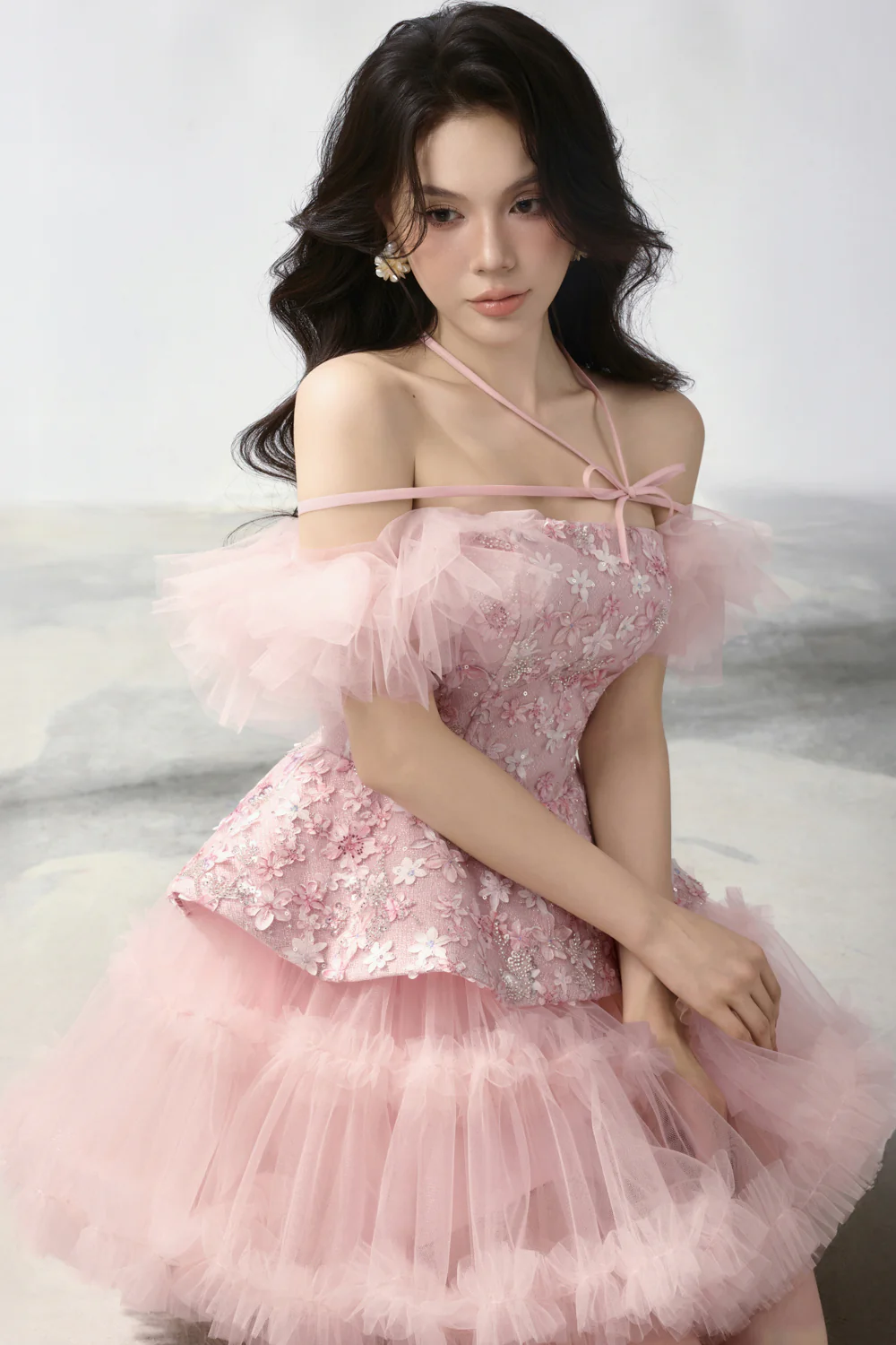 Opal A-line Cold Shoulder Sleeved Mesh Taffeta Mini Dress