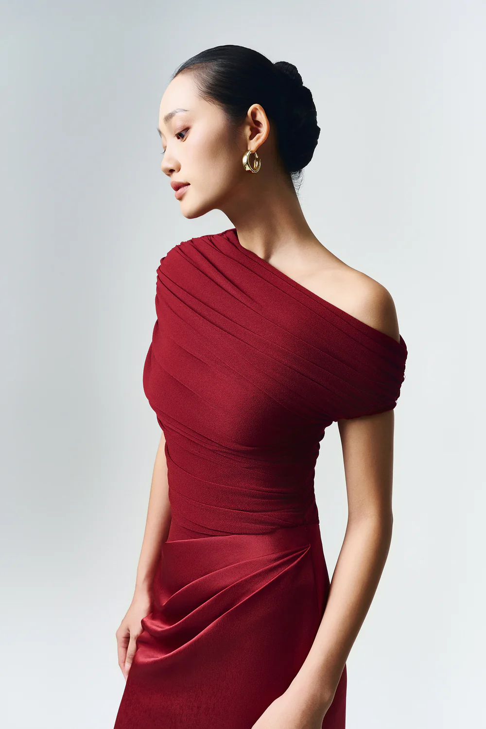 Enya Asymmetric Neck Gathering Maxi Dress