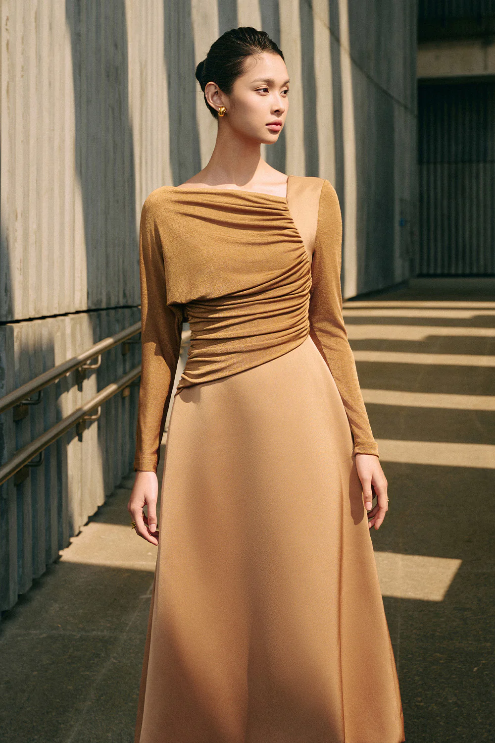 Bright A-line Diagonal Neck Spandex Taffeta Calf Length Dress