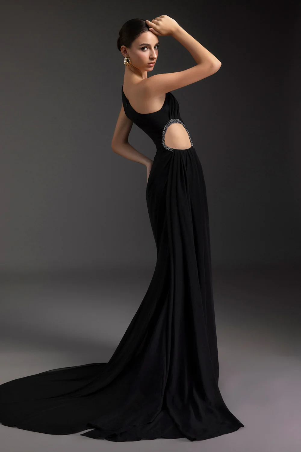 Obsidian One Shoulder Rhinestone Maxi Dress