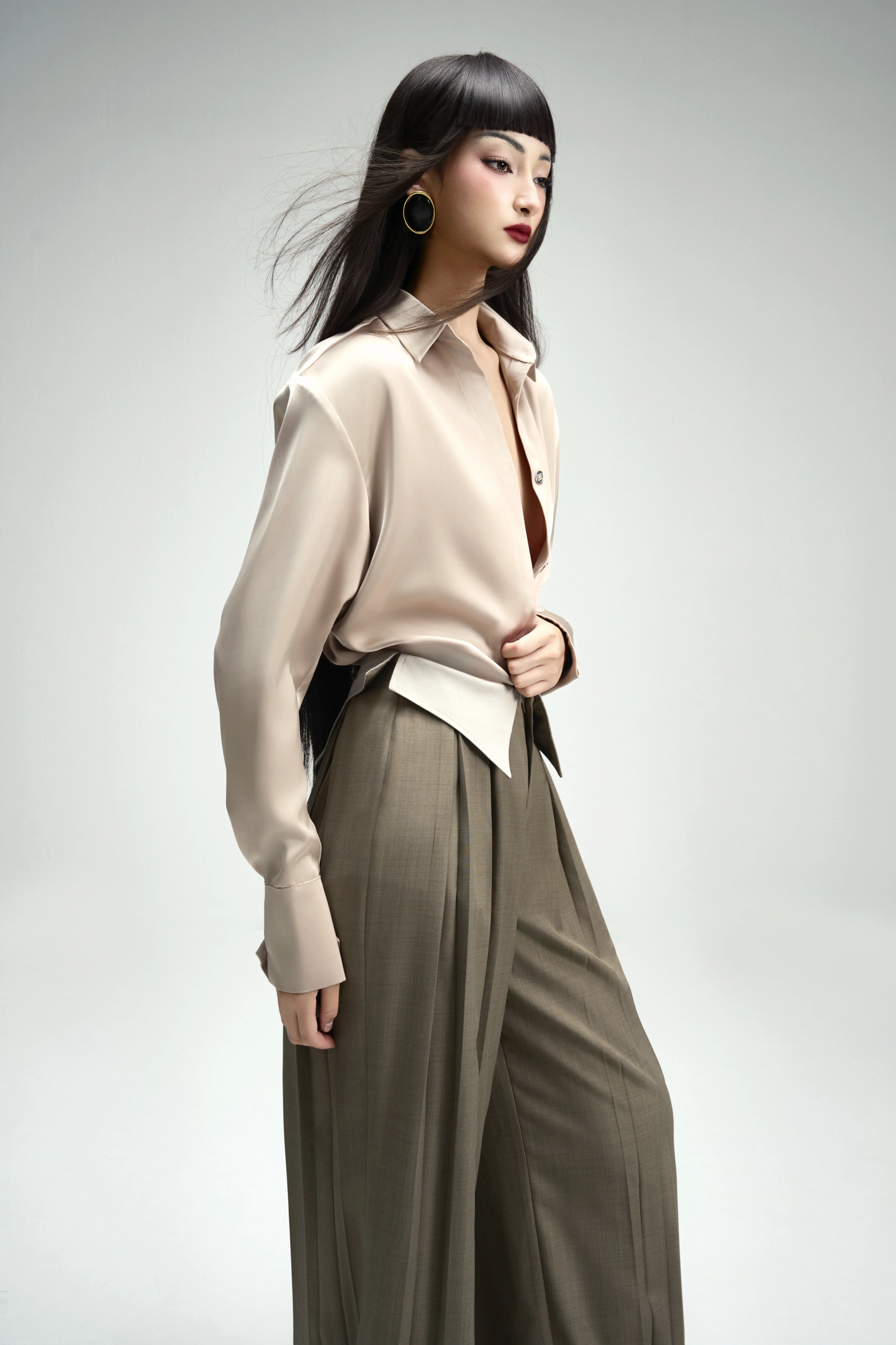 Francesca Straight Box Pleated Khaki Floor Length Pants
