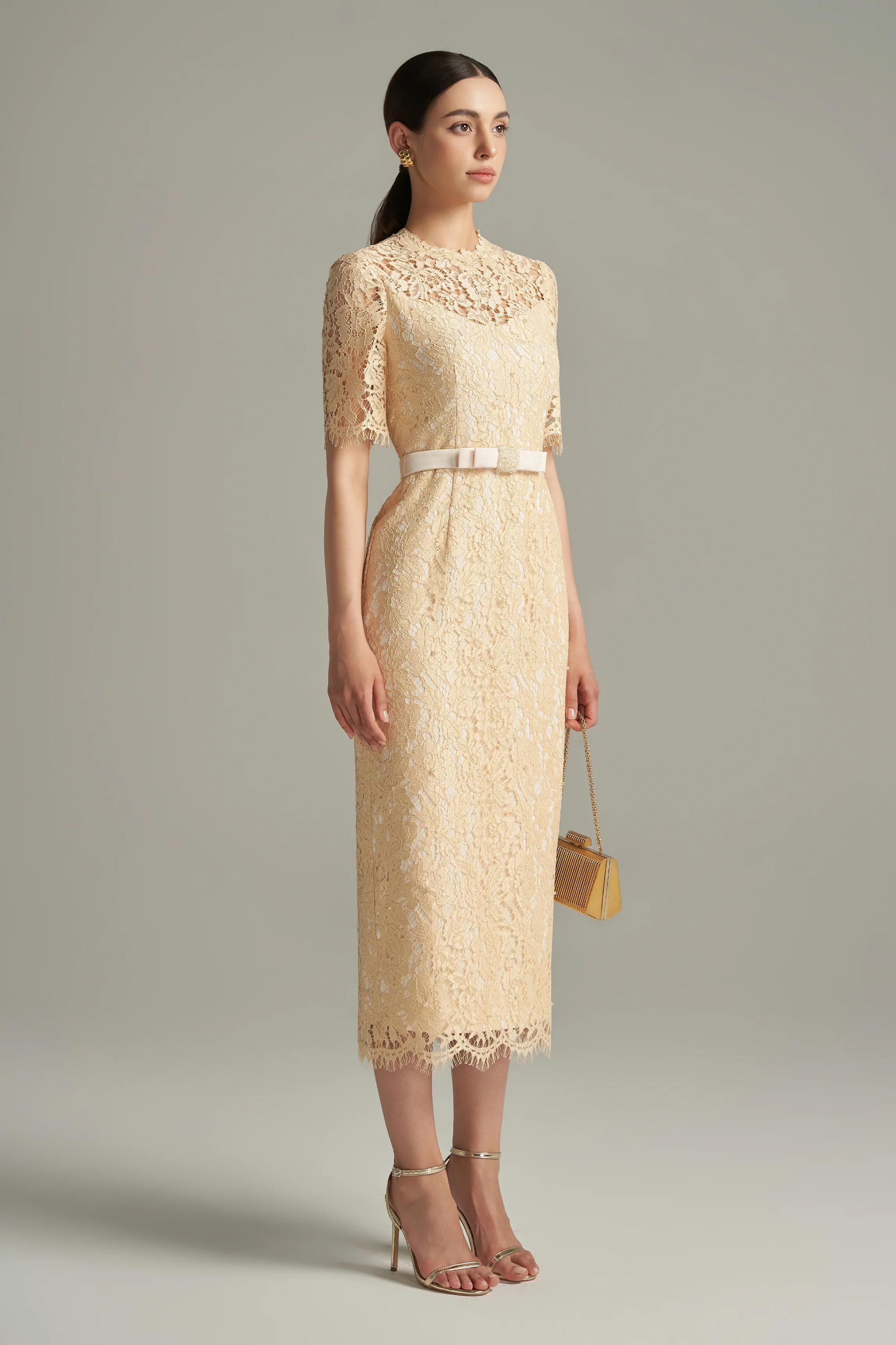 Juniper Pencil Back Slit Lace Calf Length Dress