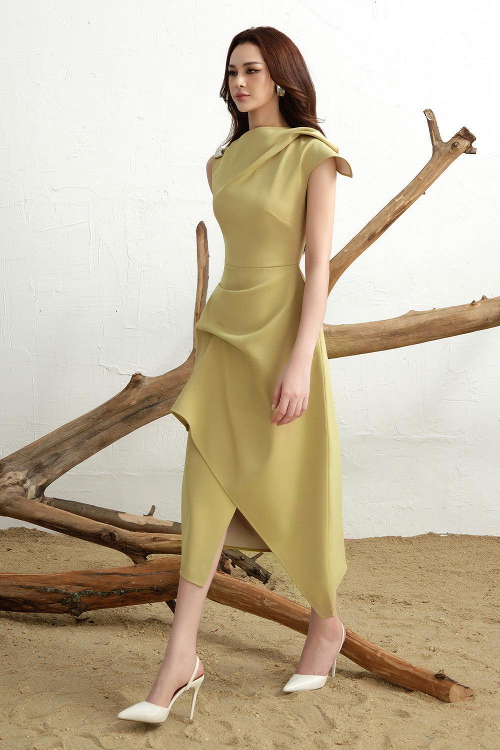Calla Asymmetric Front Slit Twill Midi Dress