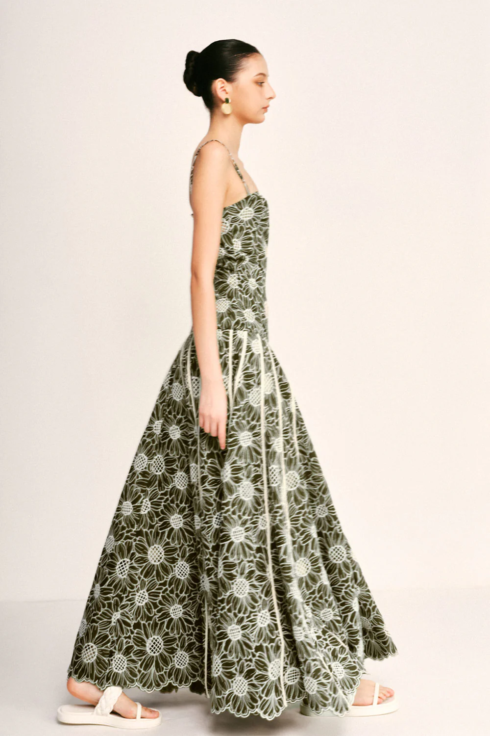 Sunflower Drop Waist Square Neck Embroidered Cotton Maxi Dress