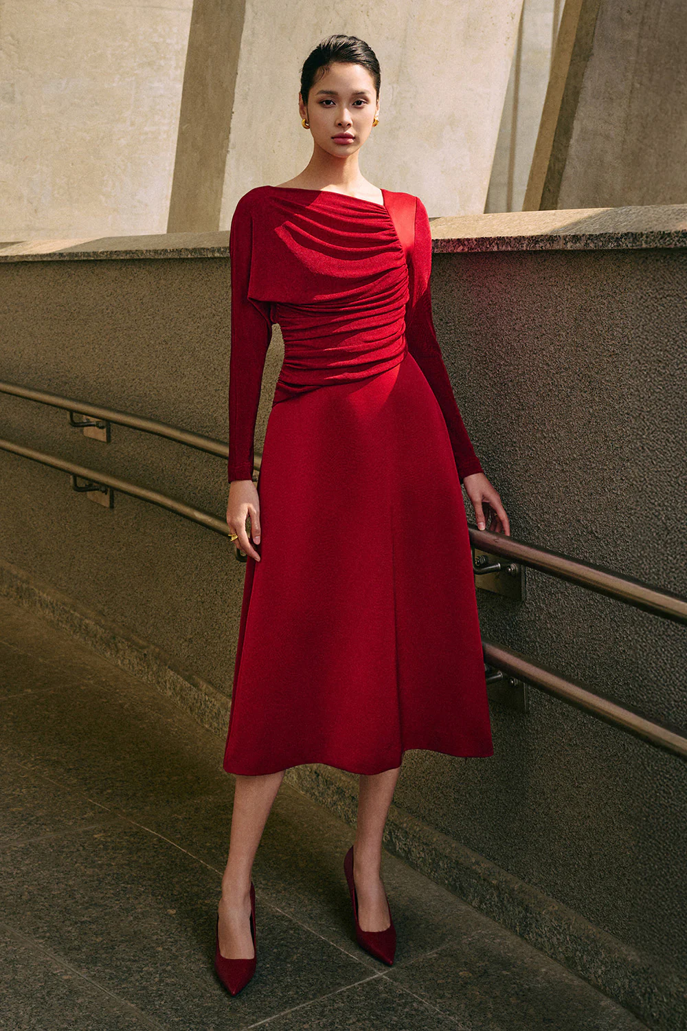 Bright A-line Diagonal Neck Spandex Taffeta Calf Length Dress