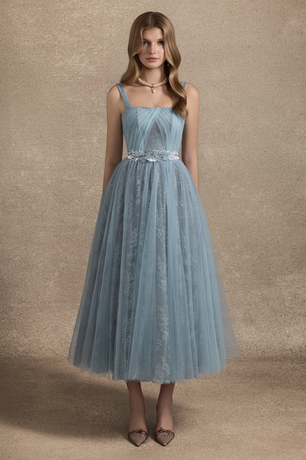 Cesleste Square Neck Lace Midi Dress