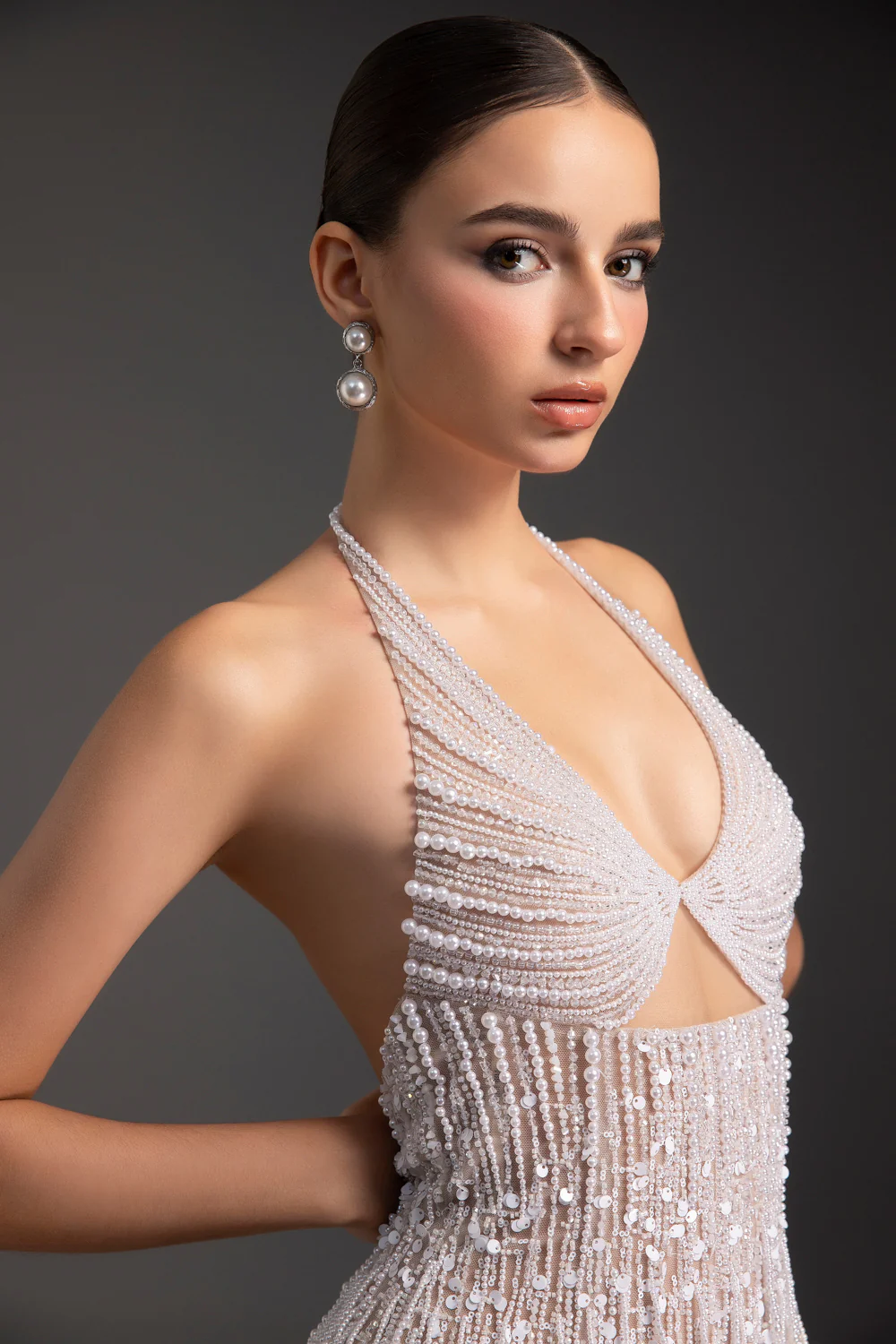 Pearl Halter Neck Bead Maxi Dress