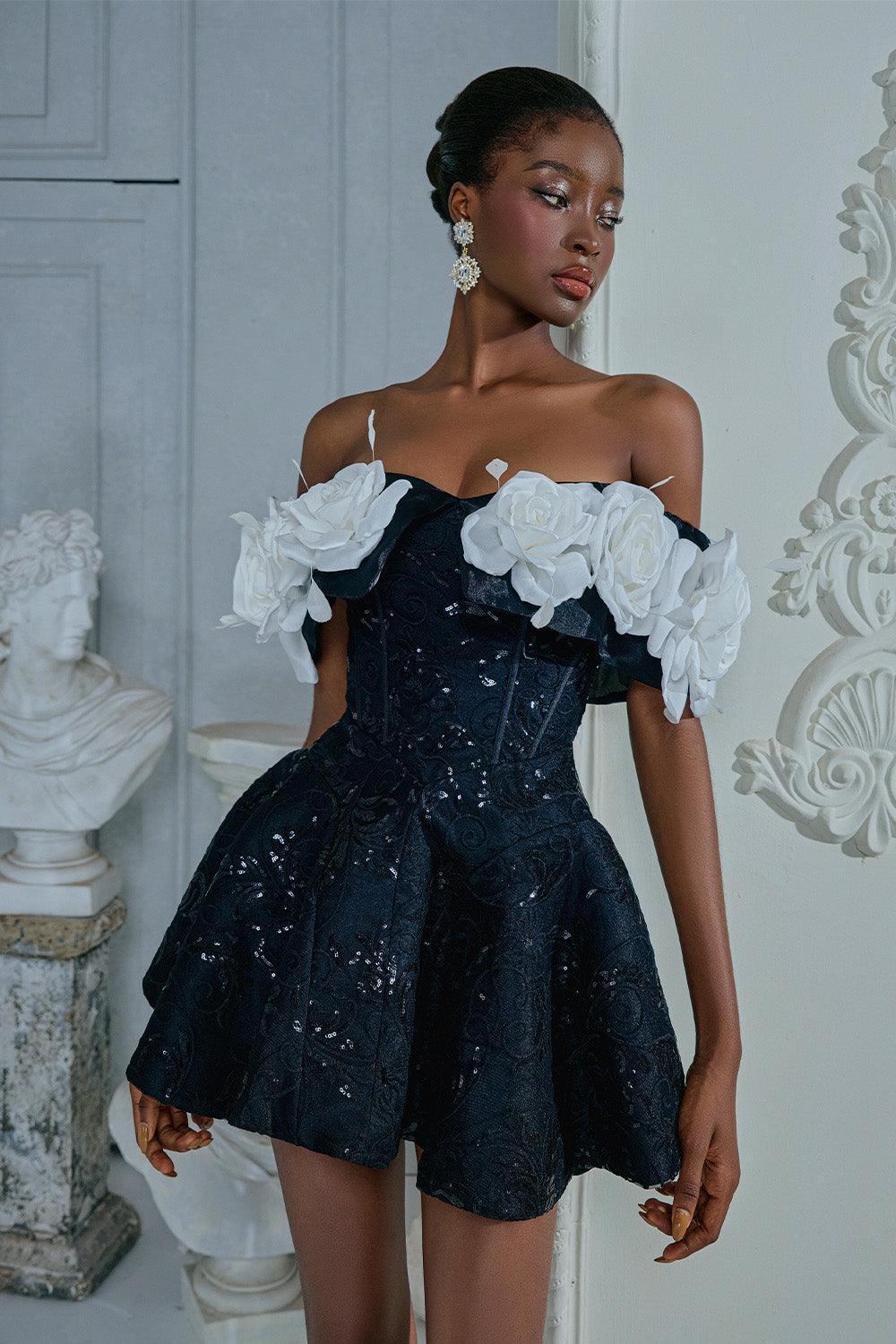 Mina Rose Fit and Flare Off-Shoulder Sequin Mini Dress