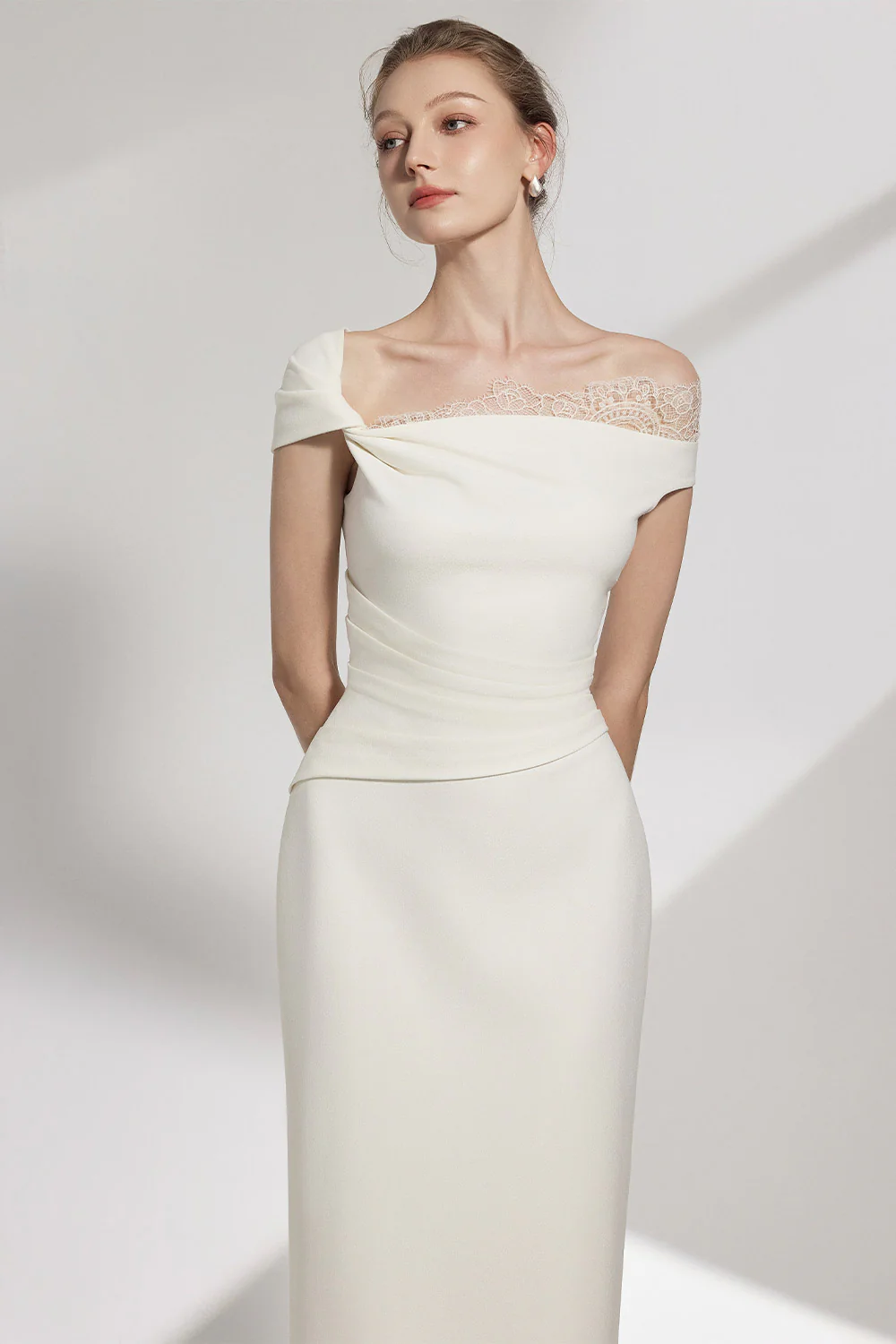 Elysian Sheath Asymmetric Sleeved Brocade Midi Dress