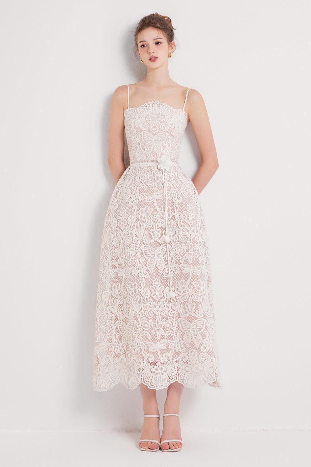 Gladys A-line Sleeveless Mesh Lace Midi Dress