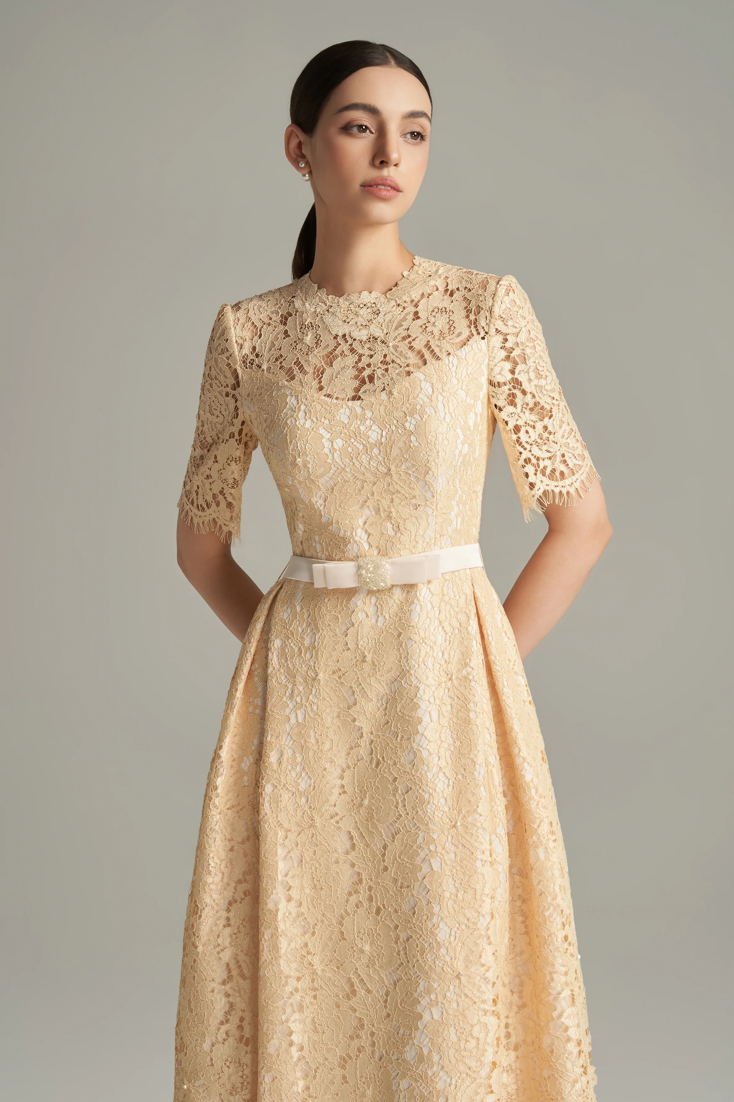 Eloise A-line Round Neck Lace Calf Length Dress