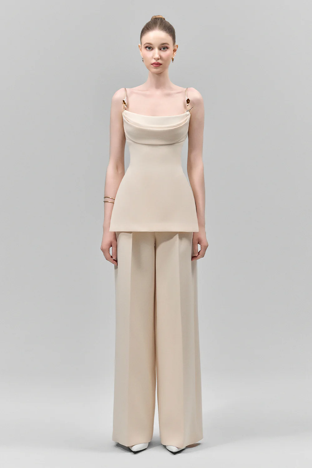 Veloria Peplum Spaghetti Strap Crepe Top