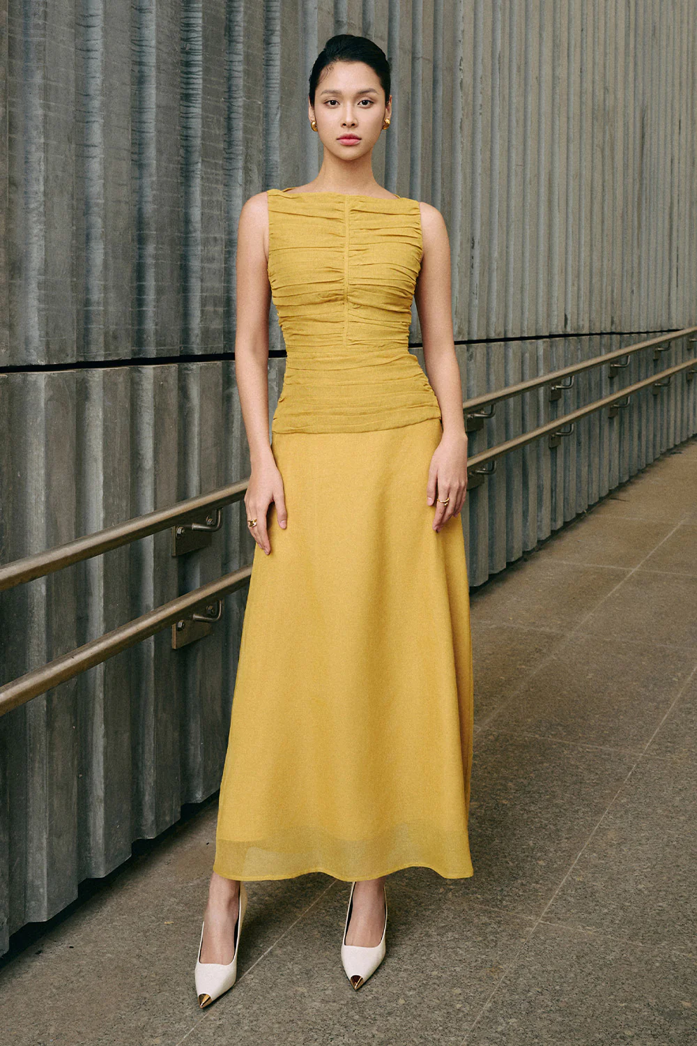 Cora A-line Cape Shoulder Floss Silk Maxi Dress