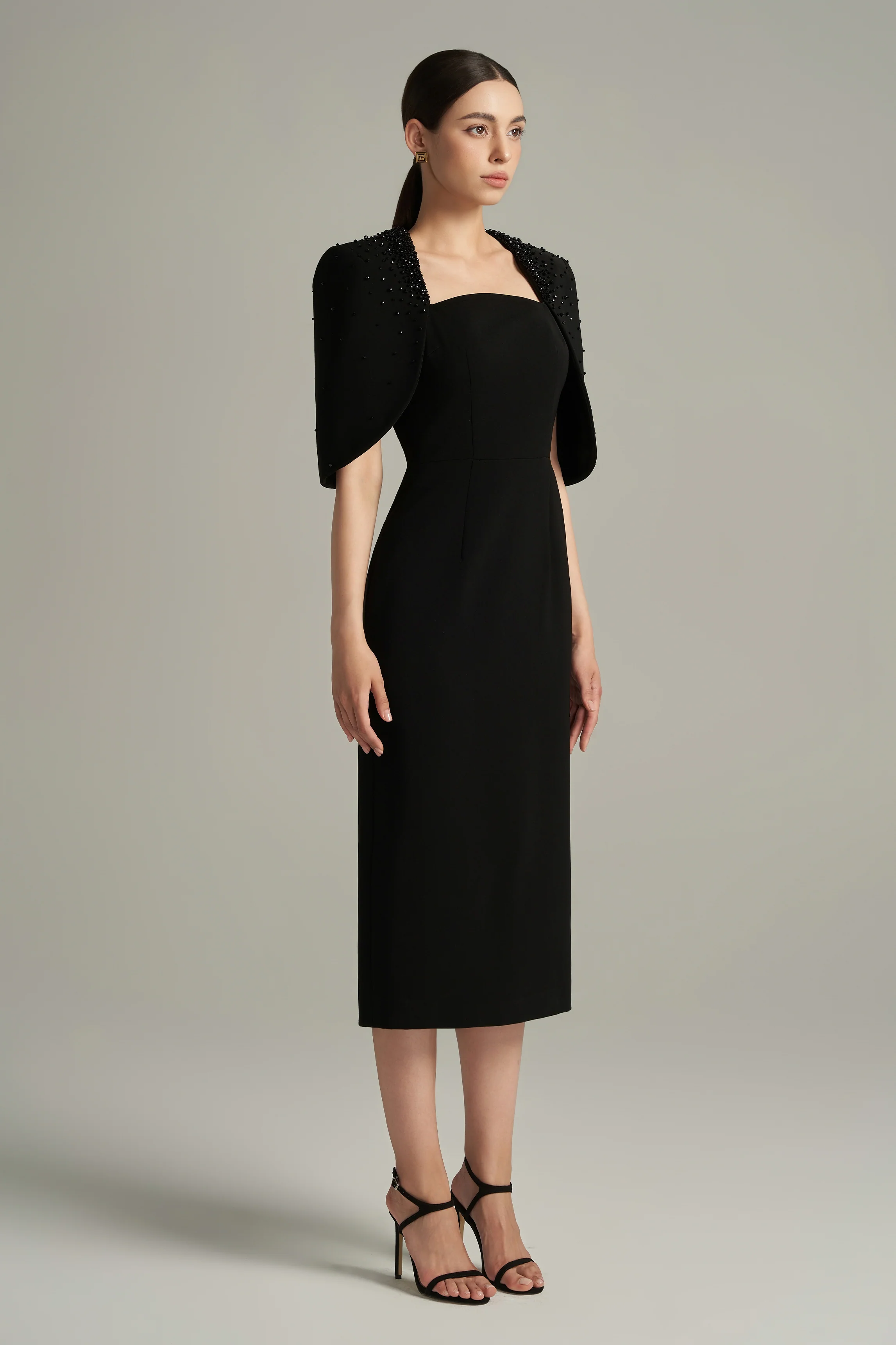 Gracelynn Sheath Cape Shoulder Crepe Calf Length Dress