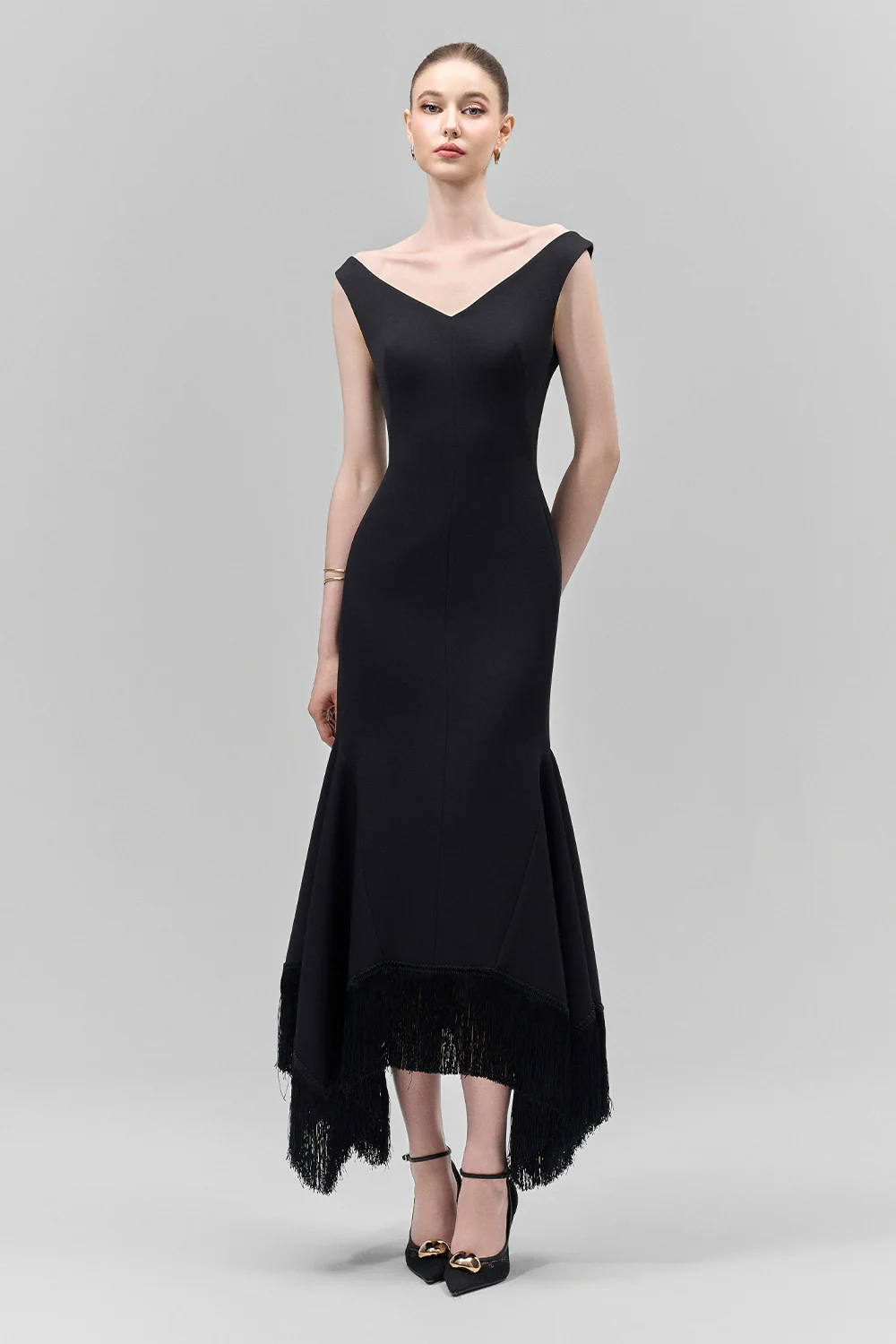 Amarae Mermaid V-Neck Crepe Calf Length Dress