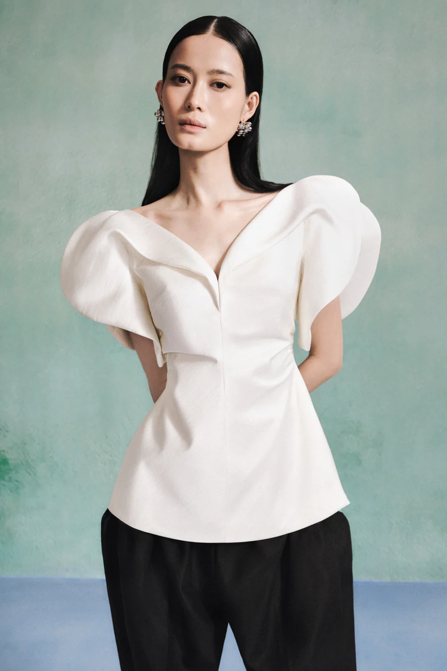 Henley Peplum V-Neck Taffeta Silk Top