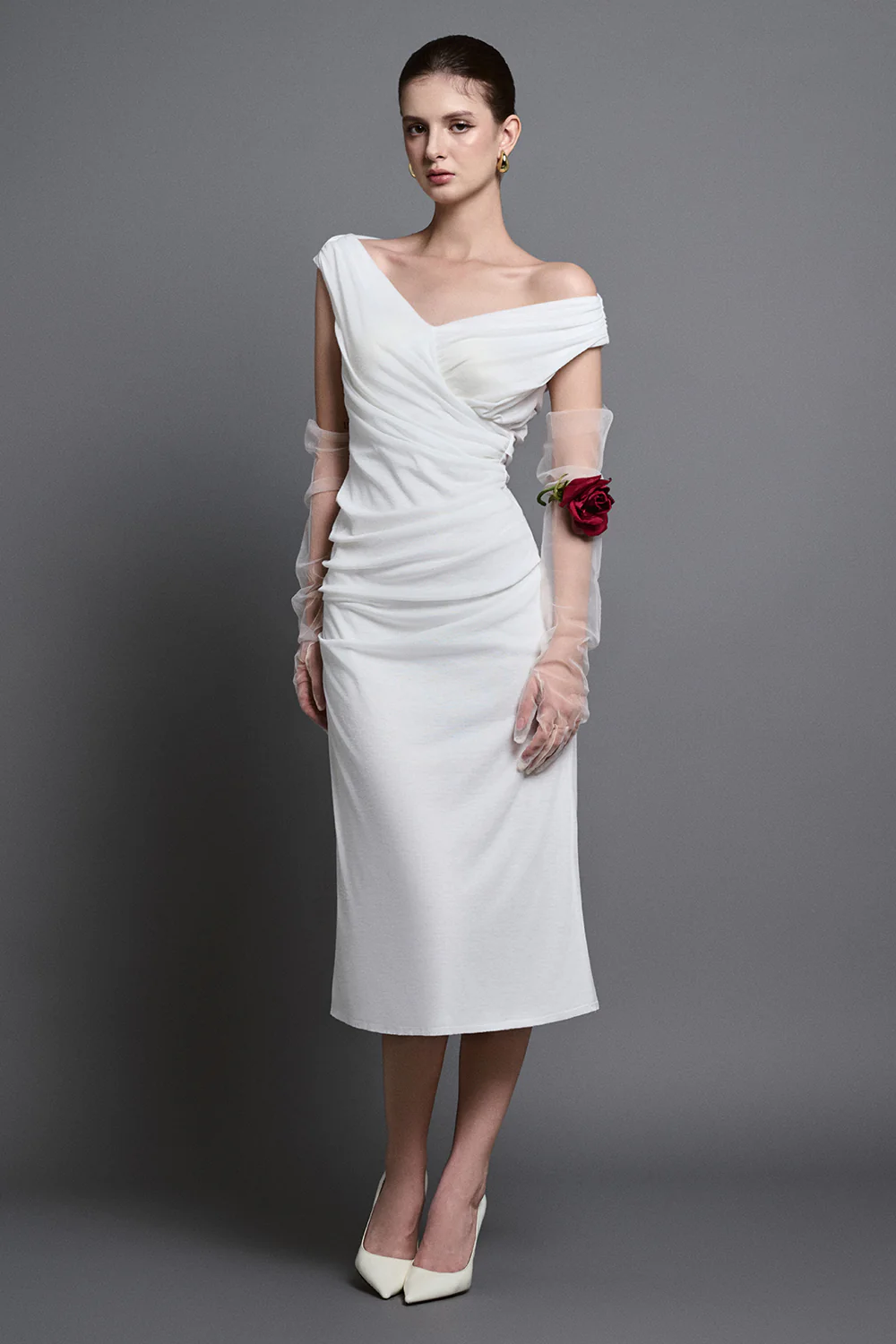 Ames Sheath Draped Cotton Midi Dress