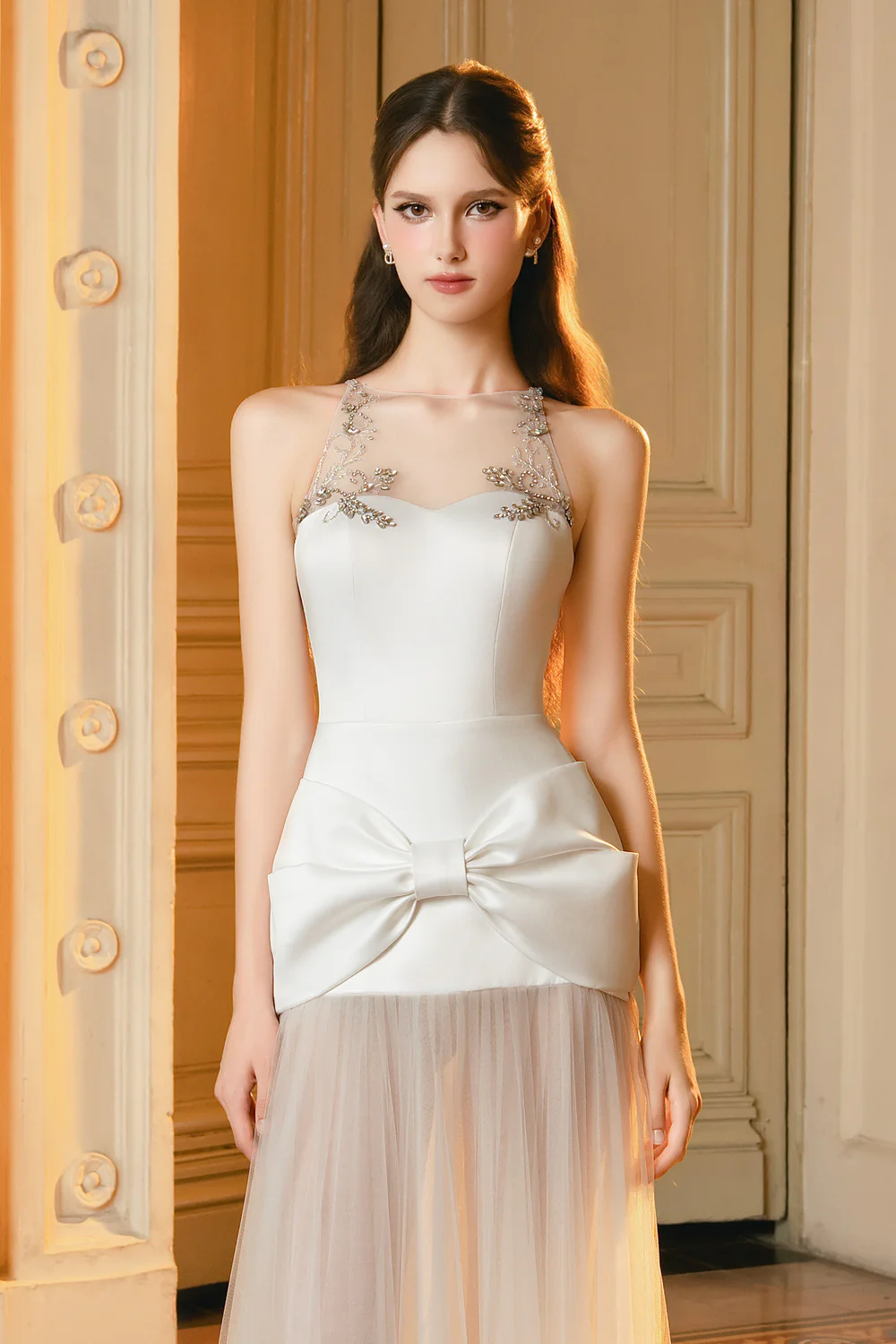 Cameron A-line Illusion Neck Mesh Maxi Dress