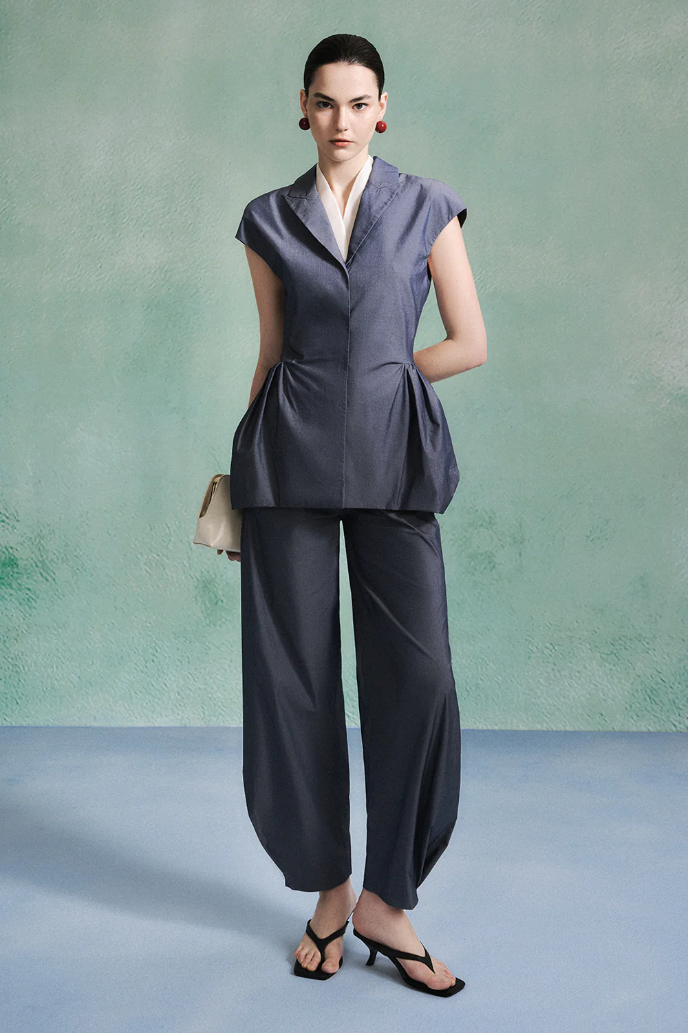 Kenzie Peplum Contrasting Collar Taffeta Top