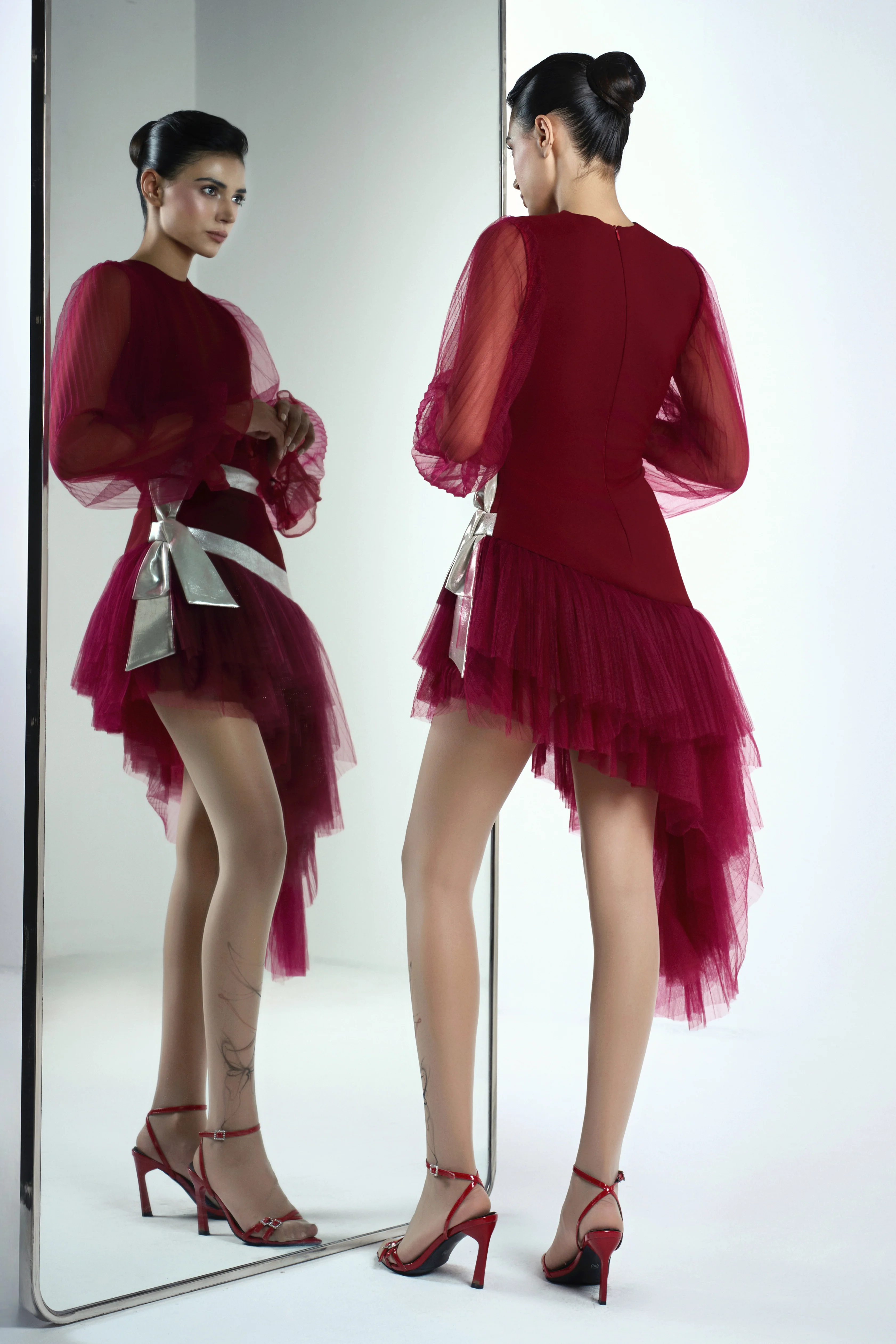 Alia Asymmetric Bishop Sleeved Twill Midi Dress