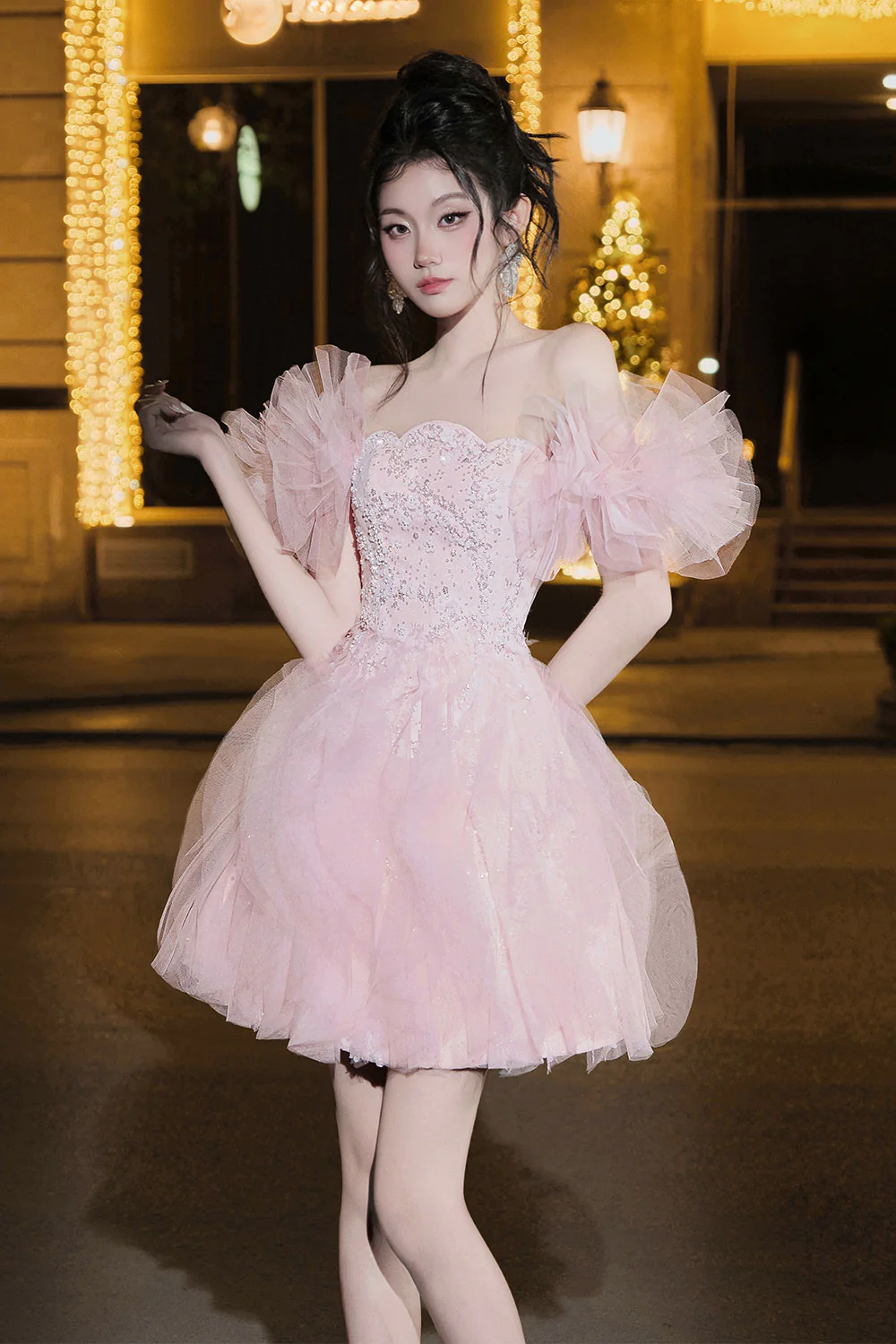 Iris Fit and Flare Curved Neck Mesh Mini Dress