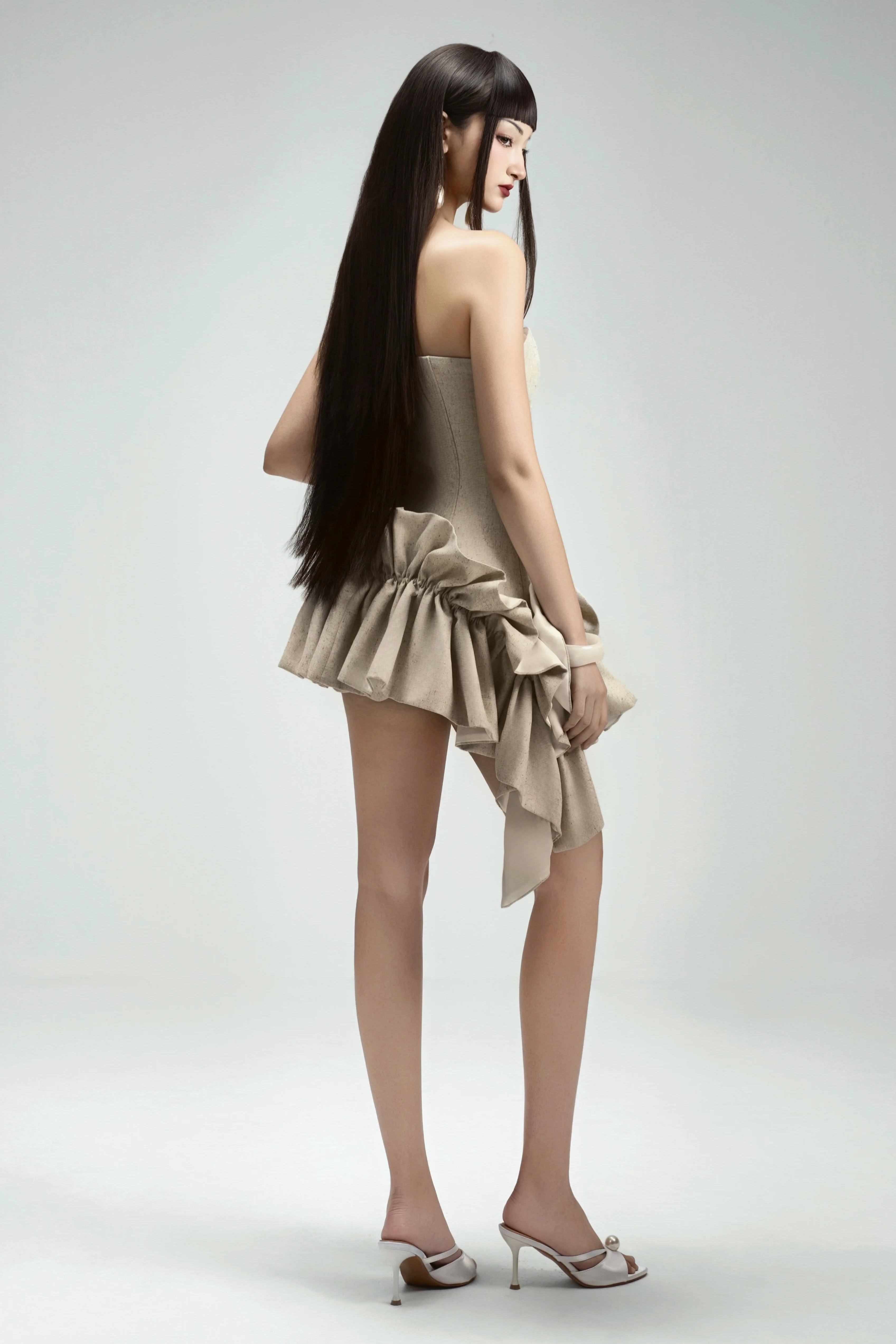 Seaweed Asymmetric Straight Across Neck Twill Mini Dress