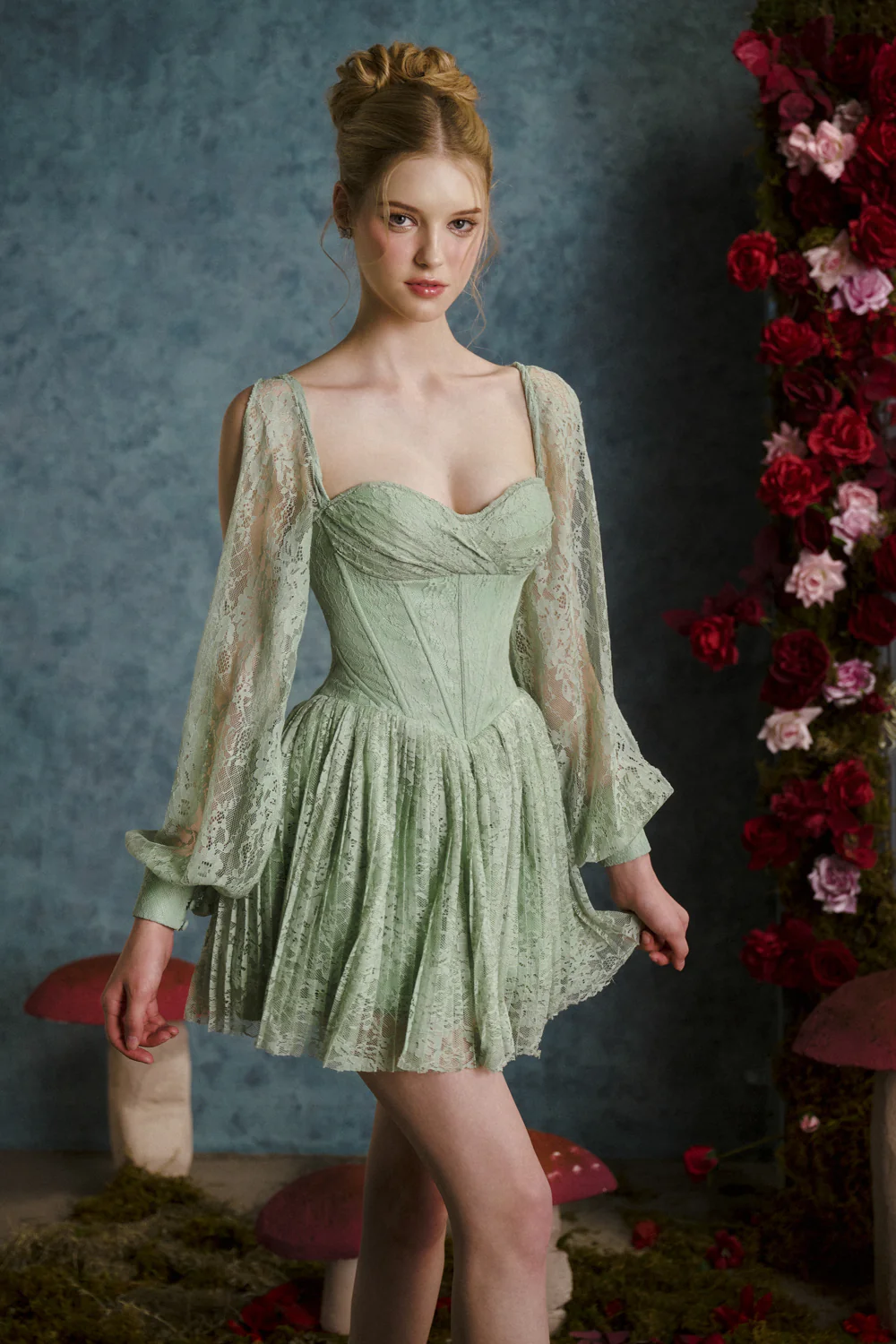 Tinkerbell A-line Split Sleeved Lace Mini Dress