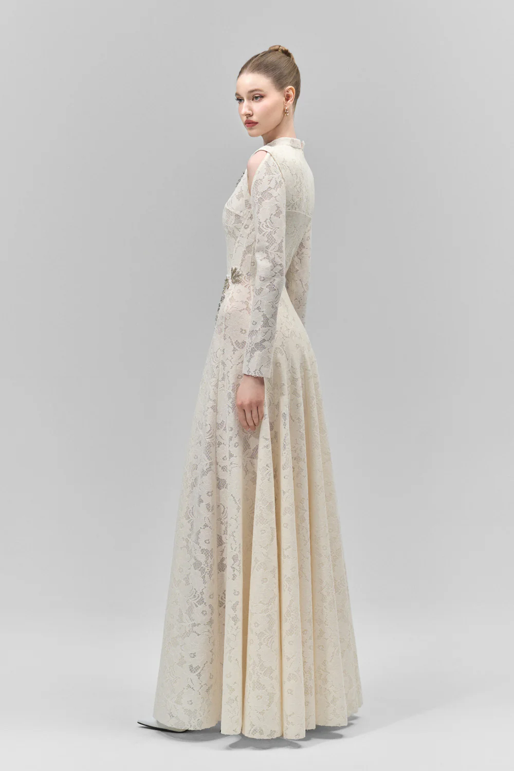 Celestine A-line Cold Shoulder Sleeved Lace Floor Length Dress