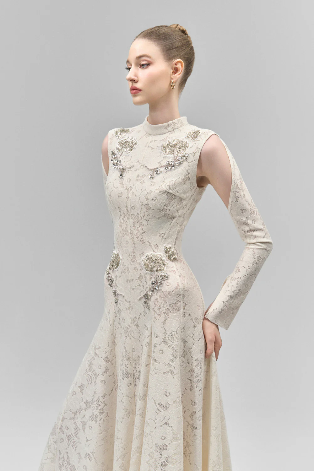 Celestine A-line Cold Shoulder Sleeved Lace Floor Length Dress