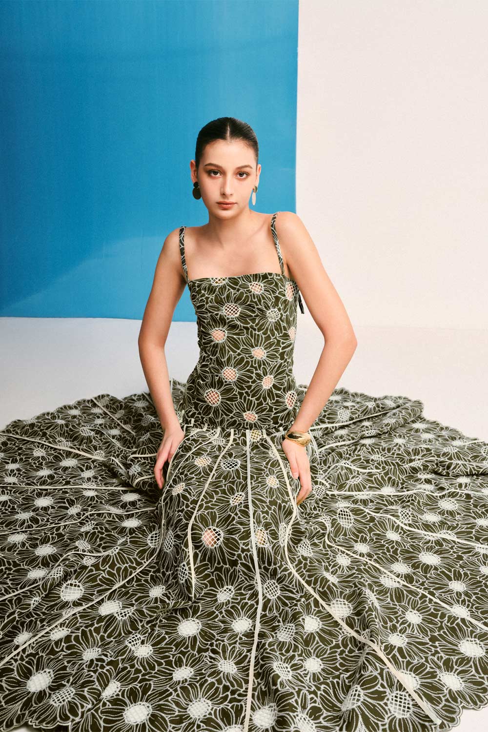 Sunflower Drop Waist Square Neck Embroidered Cotton Maxi Dress