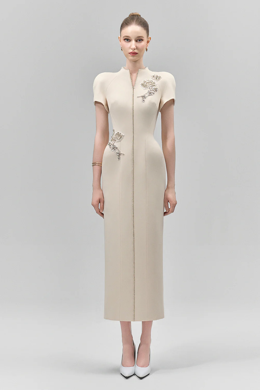 Elysia Sheath Mandarin Collar Crepe Calf Length Dress