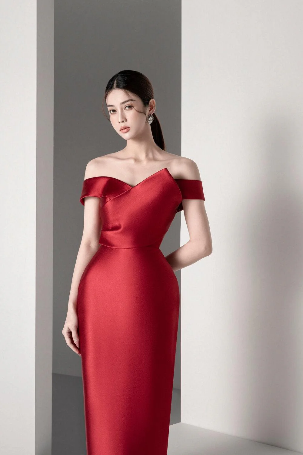 Mina Pegged Off-Shoulder Trerena Taffeta Midi Dress