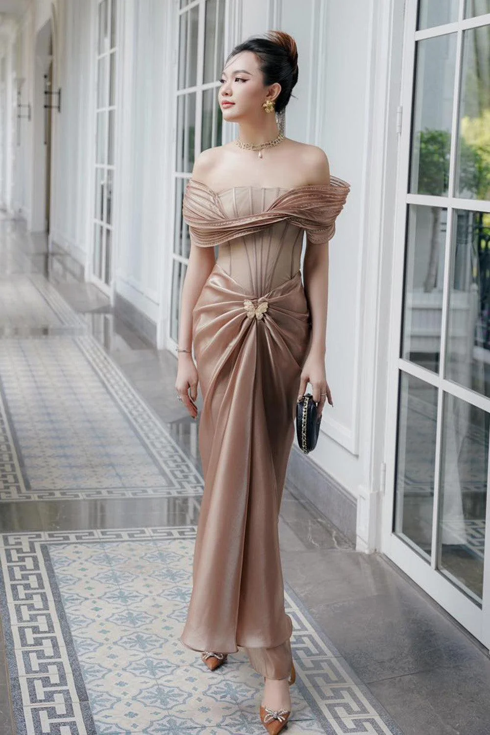 Tracy Sarong Off-Shoulder Chiffon Ankle Length Dress