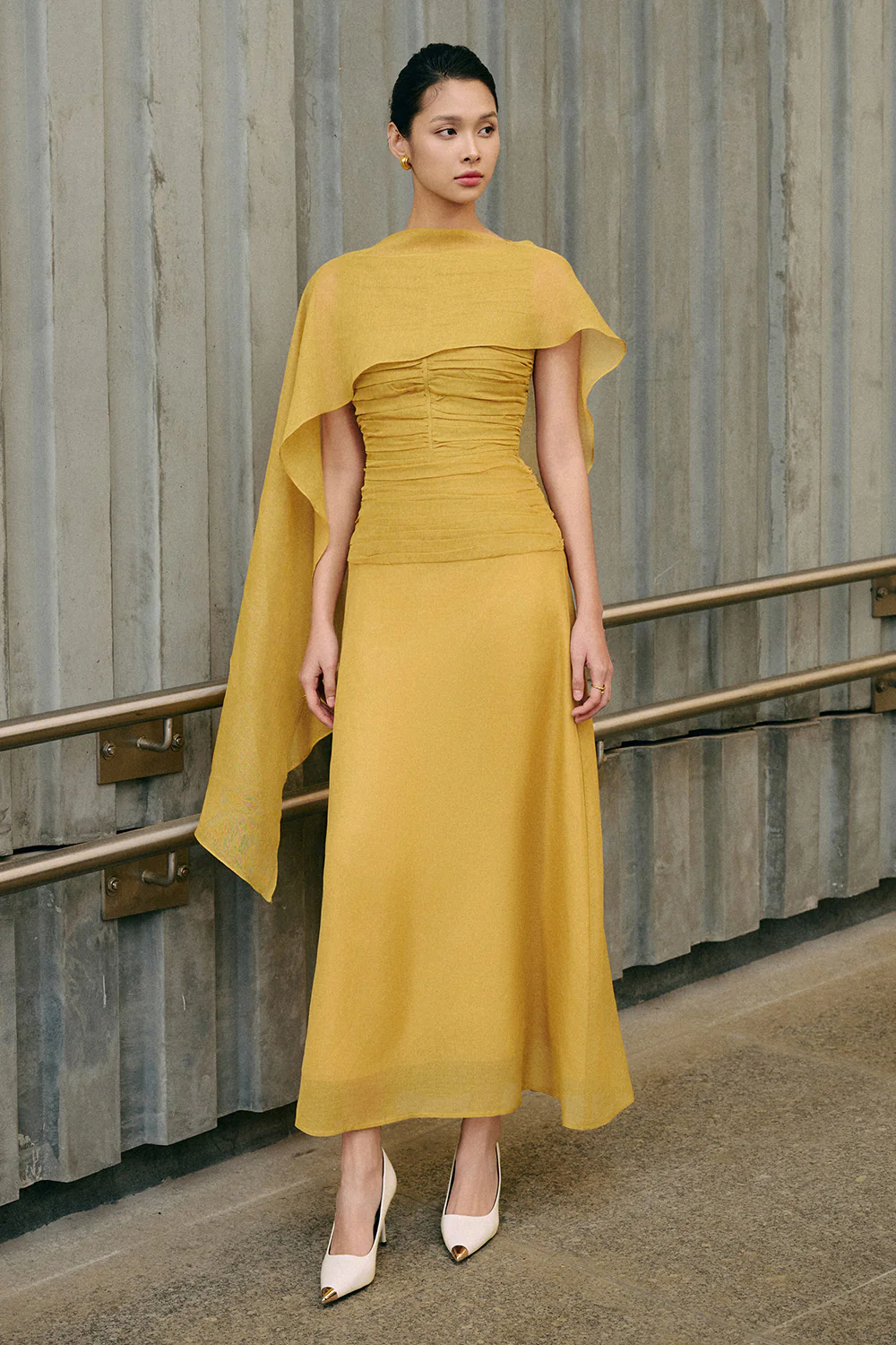 Cora A-line Cape Shoulder Floss Silk Maxi Dress