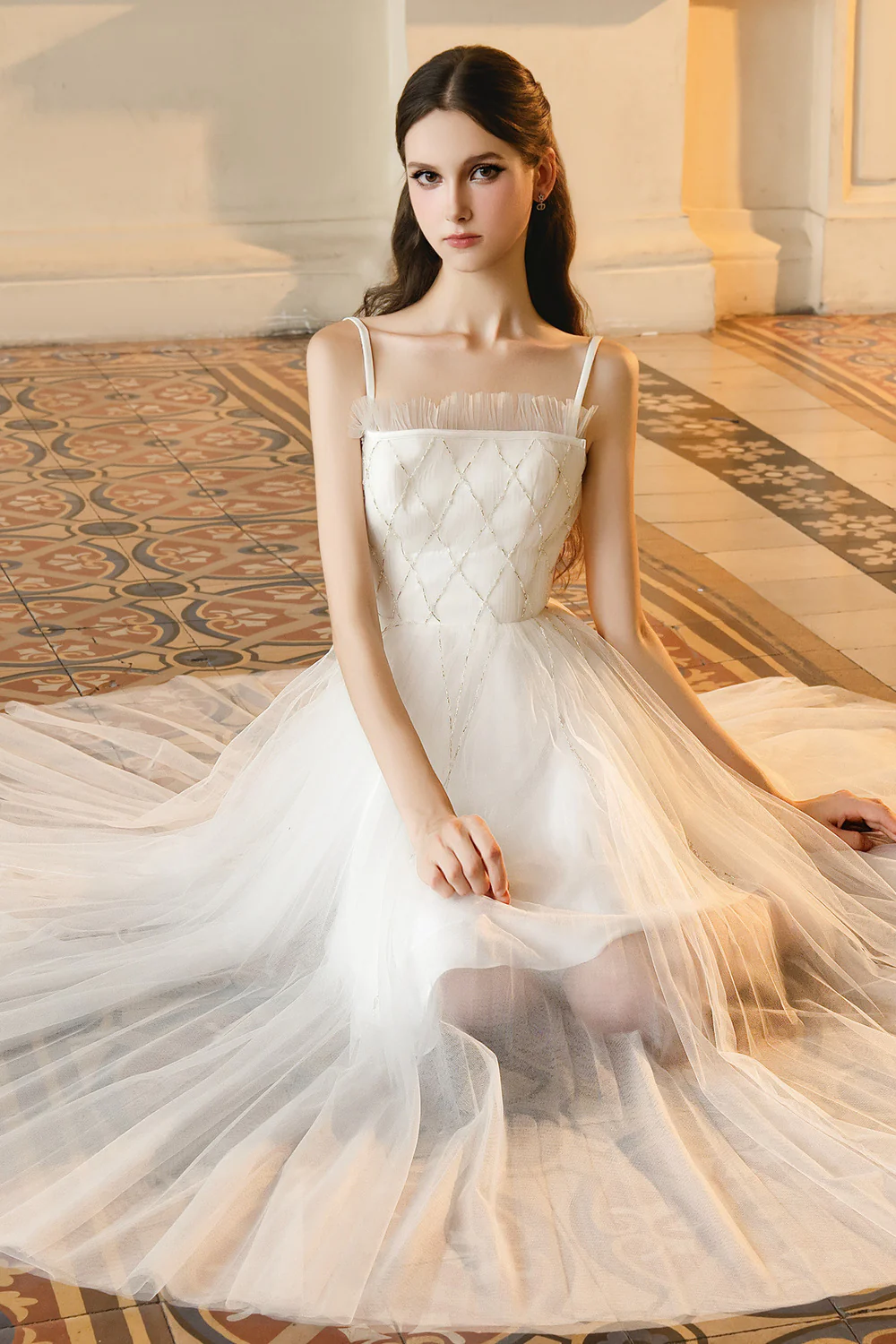 Shiloh A-line Square Neck Mesh Maxi Dress